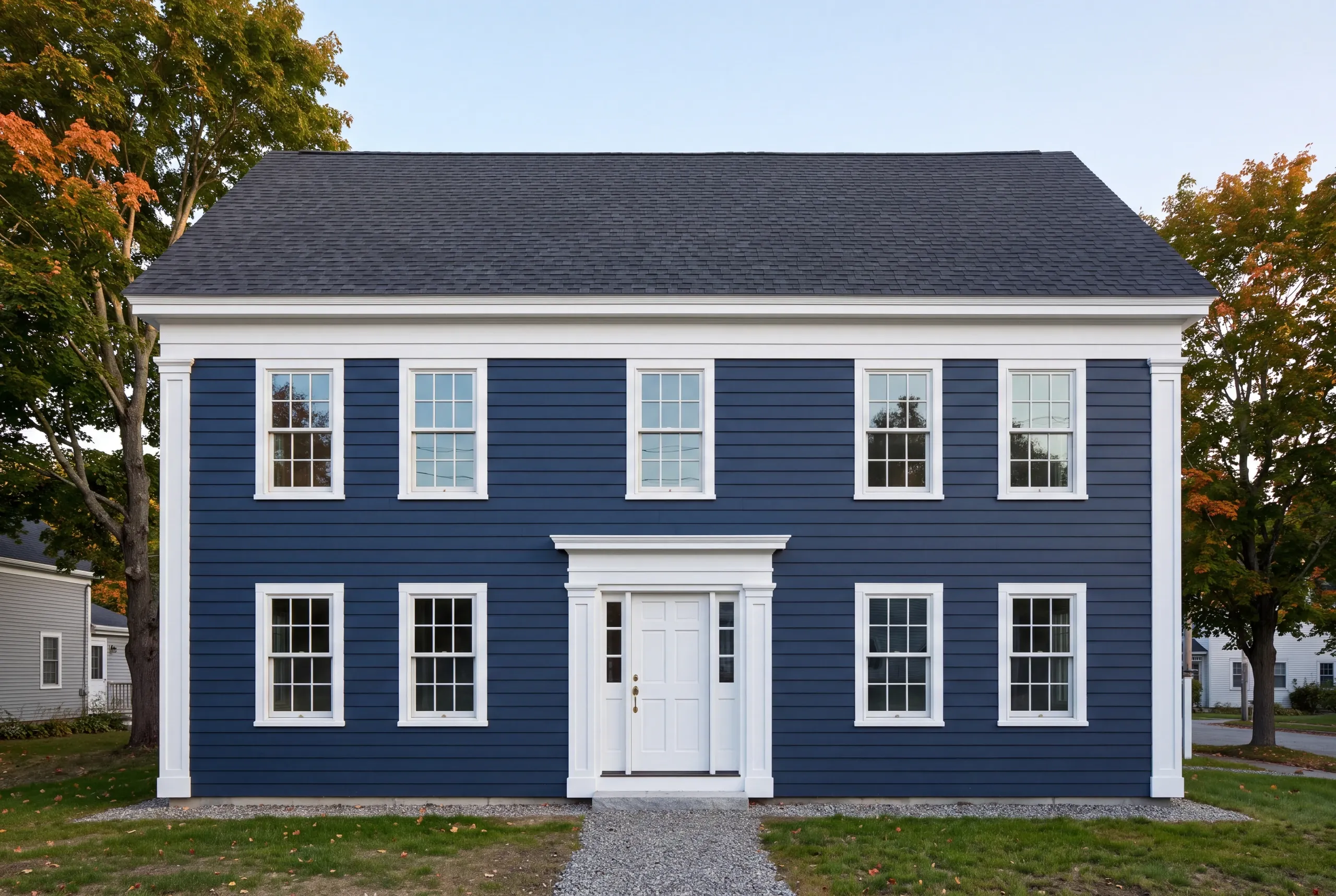 Residential general contractor Rockland Maine: navy clapboard two-story colonial with white trim and pedimented door among fall trees