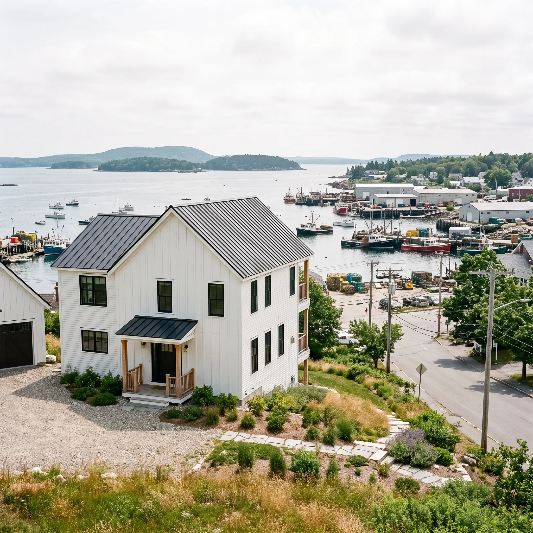 Construction company Rockland Maine: aerial of a white board and batten farmhouse with metal roof above a busy harbor