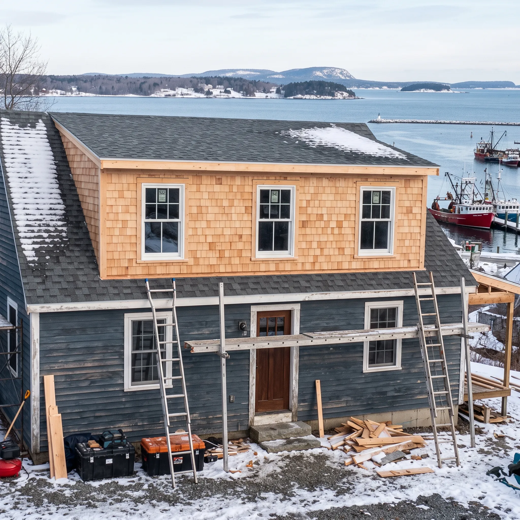 General contractor Rockland Maine: new cedar shingle second story over slate-blue lap siding with ladders and toolboxes in snow