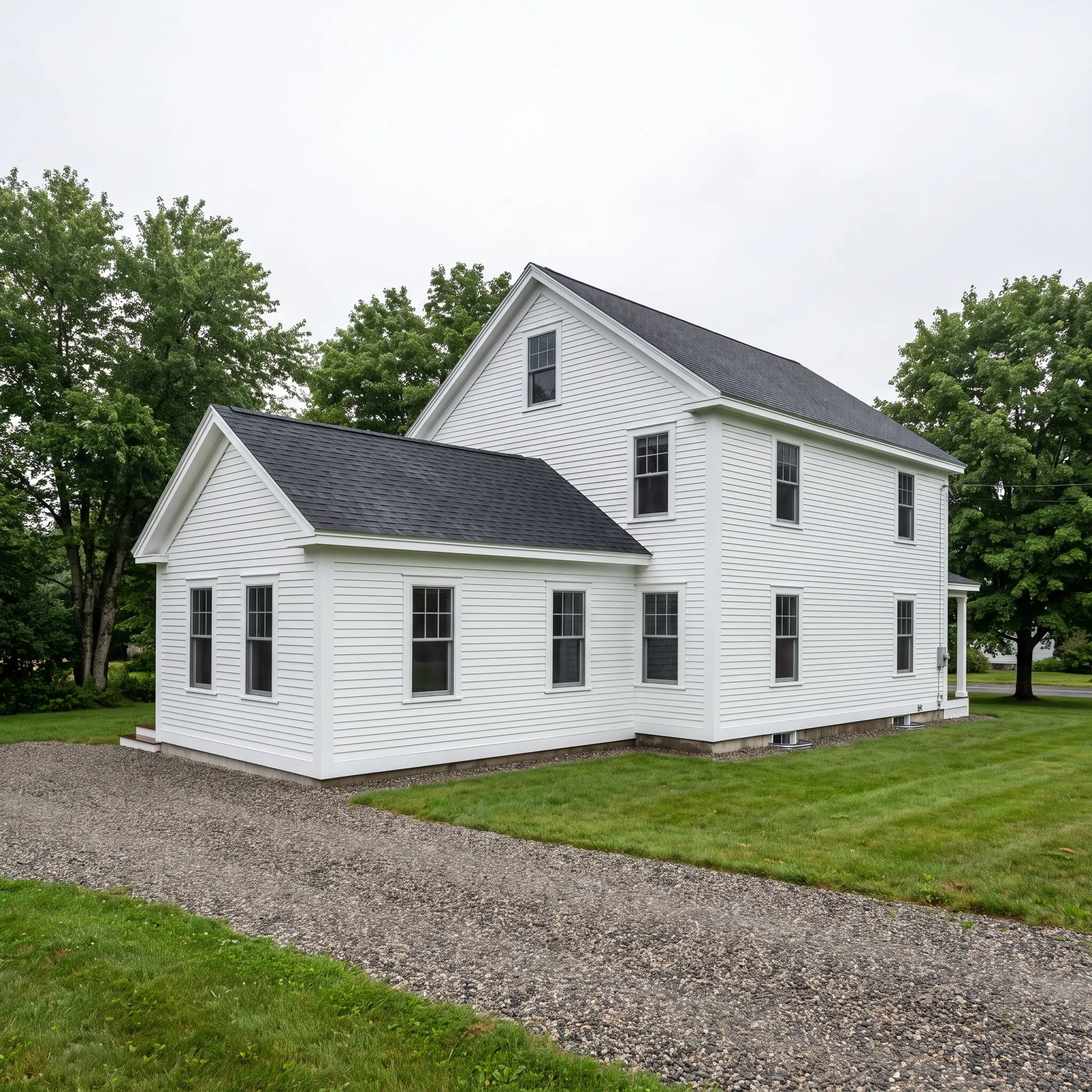 Residential general contractor Rockland Maine: white two-story farmhouse with black asphalt roof, double-hung windows and a gravel drive on a lawn.