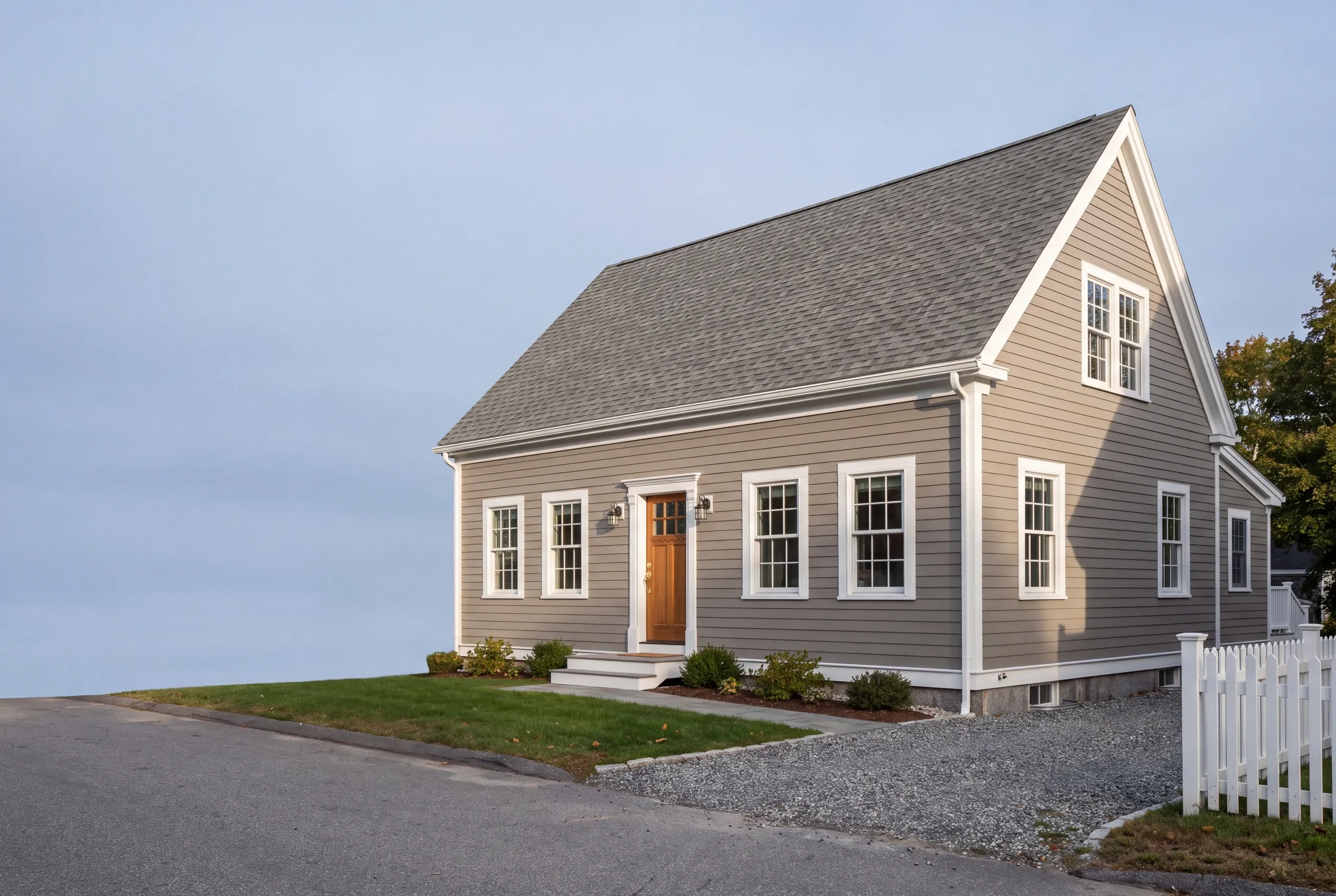 Construction company Rockland Maine: taupe cape with wood front door beside a paved road and white picket fence