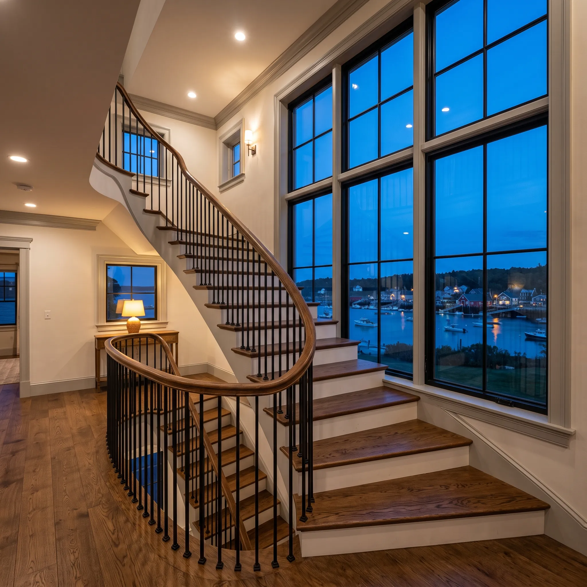 General contractor in Rockport, ME: curved staircase with iron balusters beside two-story windows over a harbor at dusk
