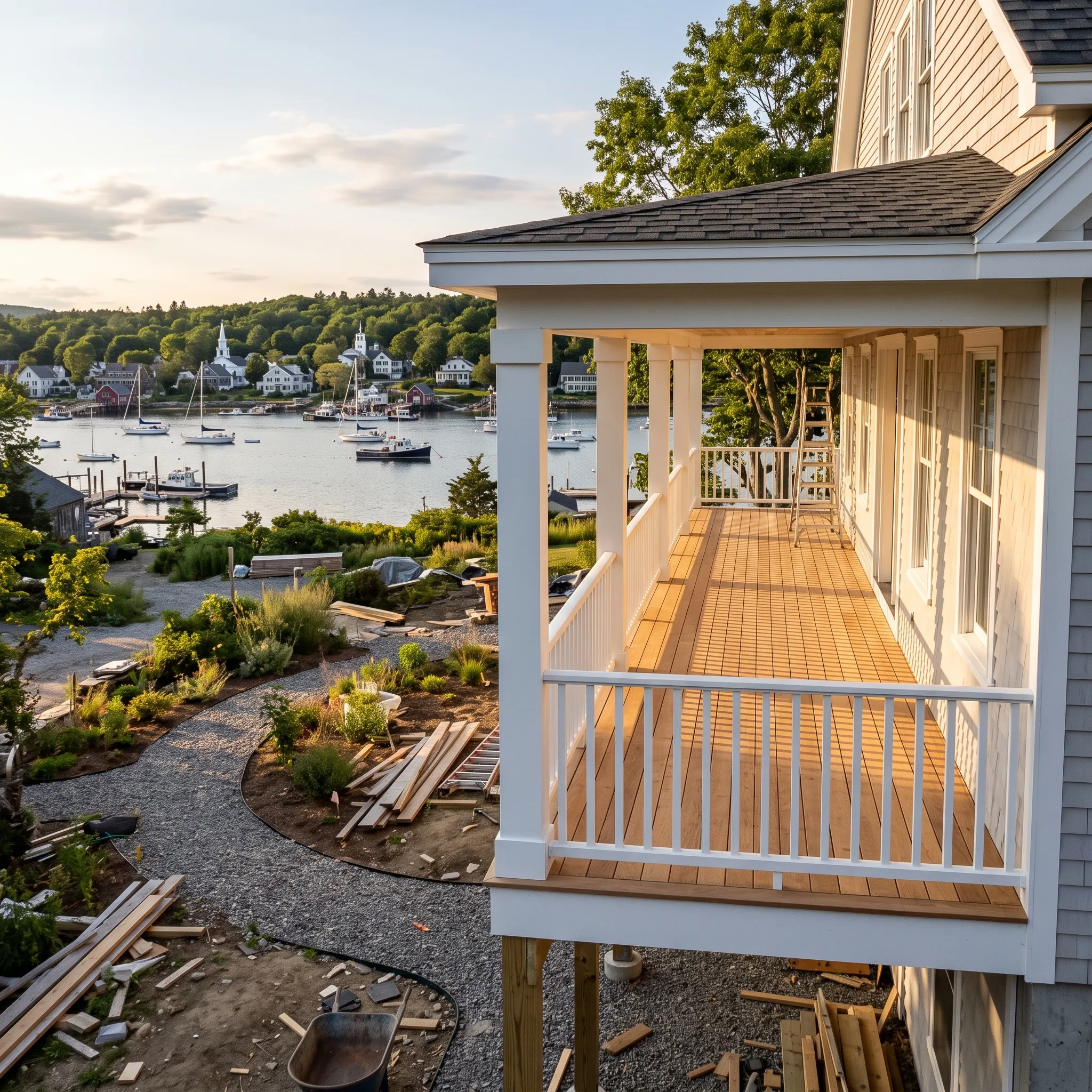 Residential general contractor Rockport Maine: new two-story porch with white rails and wood decking above a harbor, landscaping under way