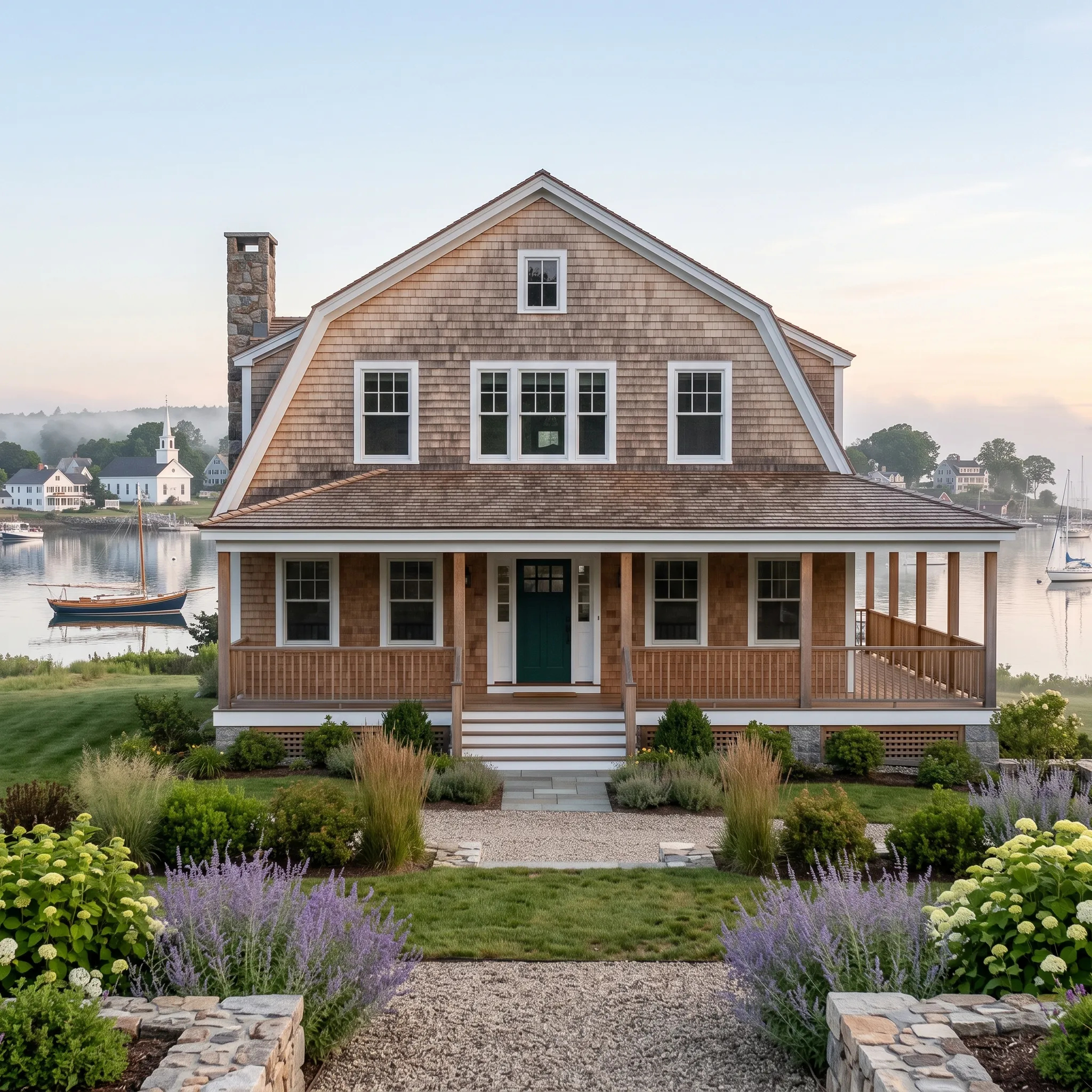 Construction company Rockport Maine: cedar shingle gambrel with wraparound porch and lavender beds above a harbor