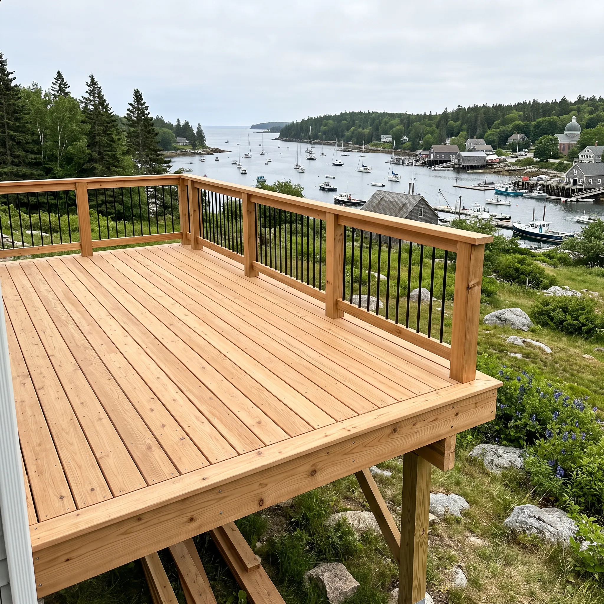 General contractor Rockport Maine: deck boards with black balusters and wood rail on an elevated deck over a rocky slope