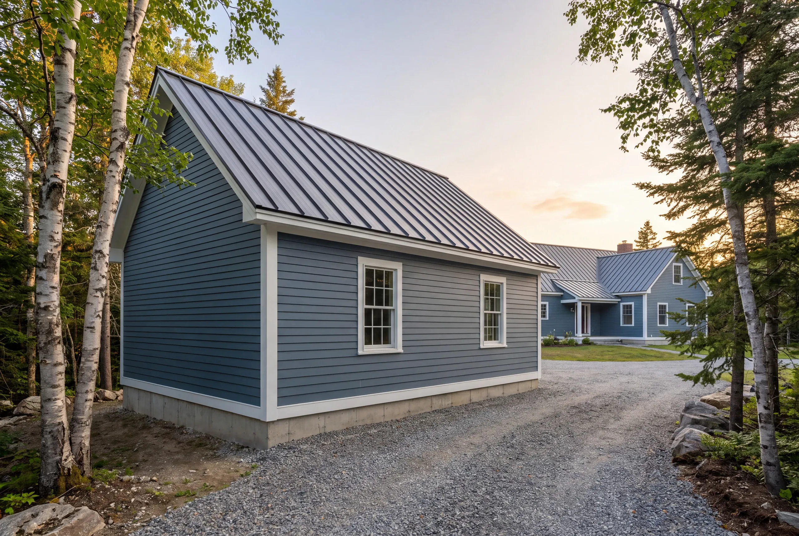 Residential general contractor Rockport Maine: blue lap outbuilding with standing seam roof and two windows on a gravel drive among birches