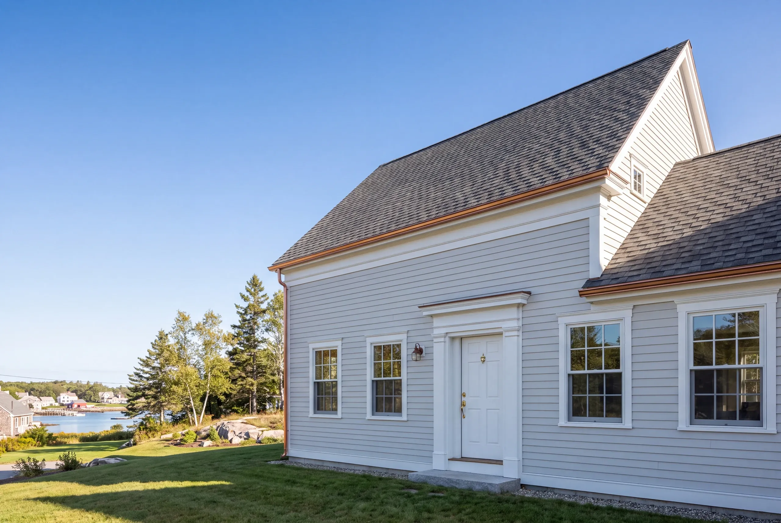 Construction company Rockport Maine: light gray colonial with attached ell and white portico near a harbor