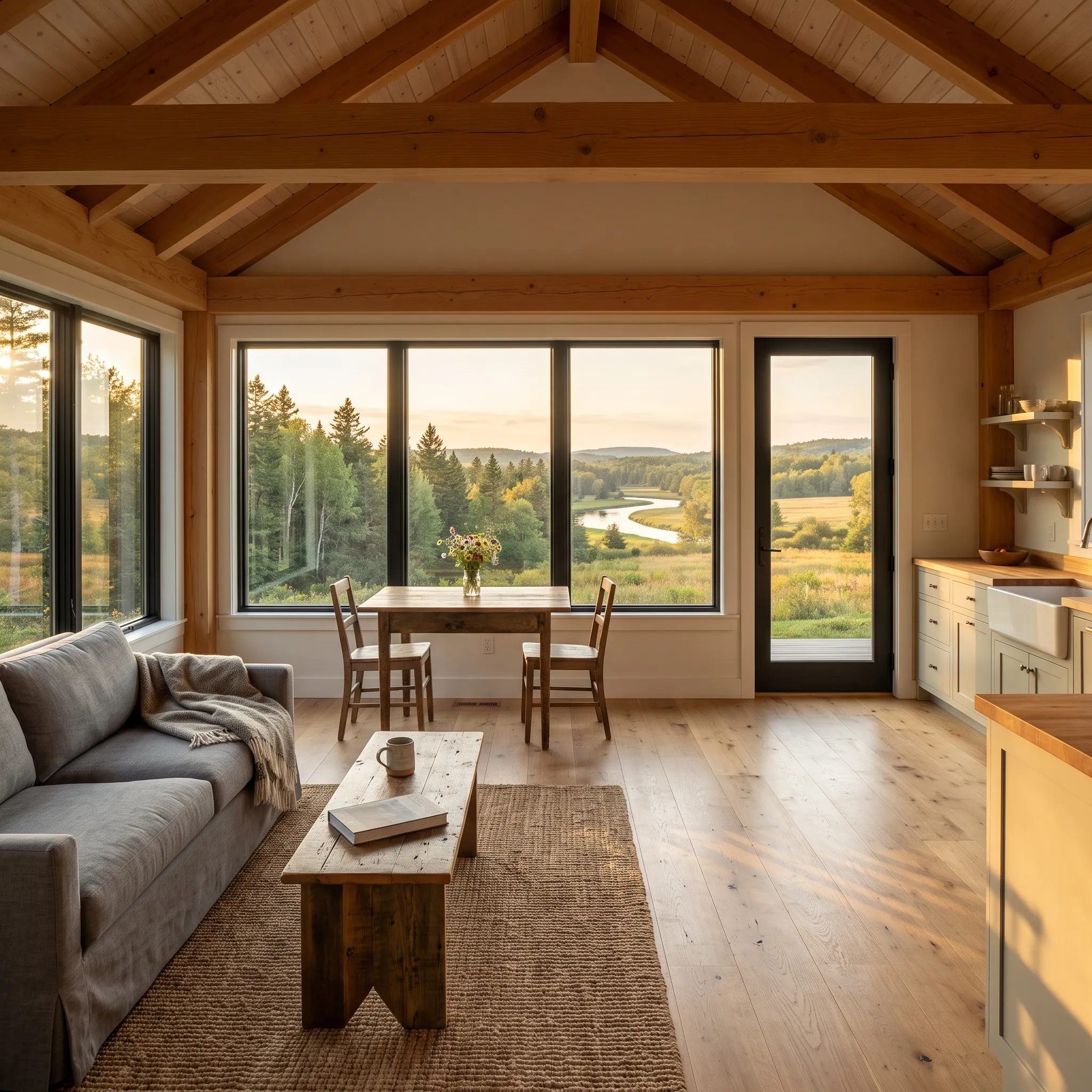 General contractor in Searsmont, ME: open living and dining room with timber rafters and a window wall over a river valley