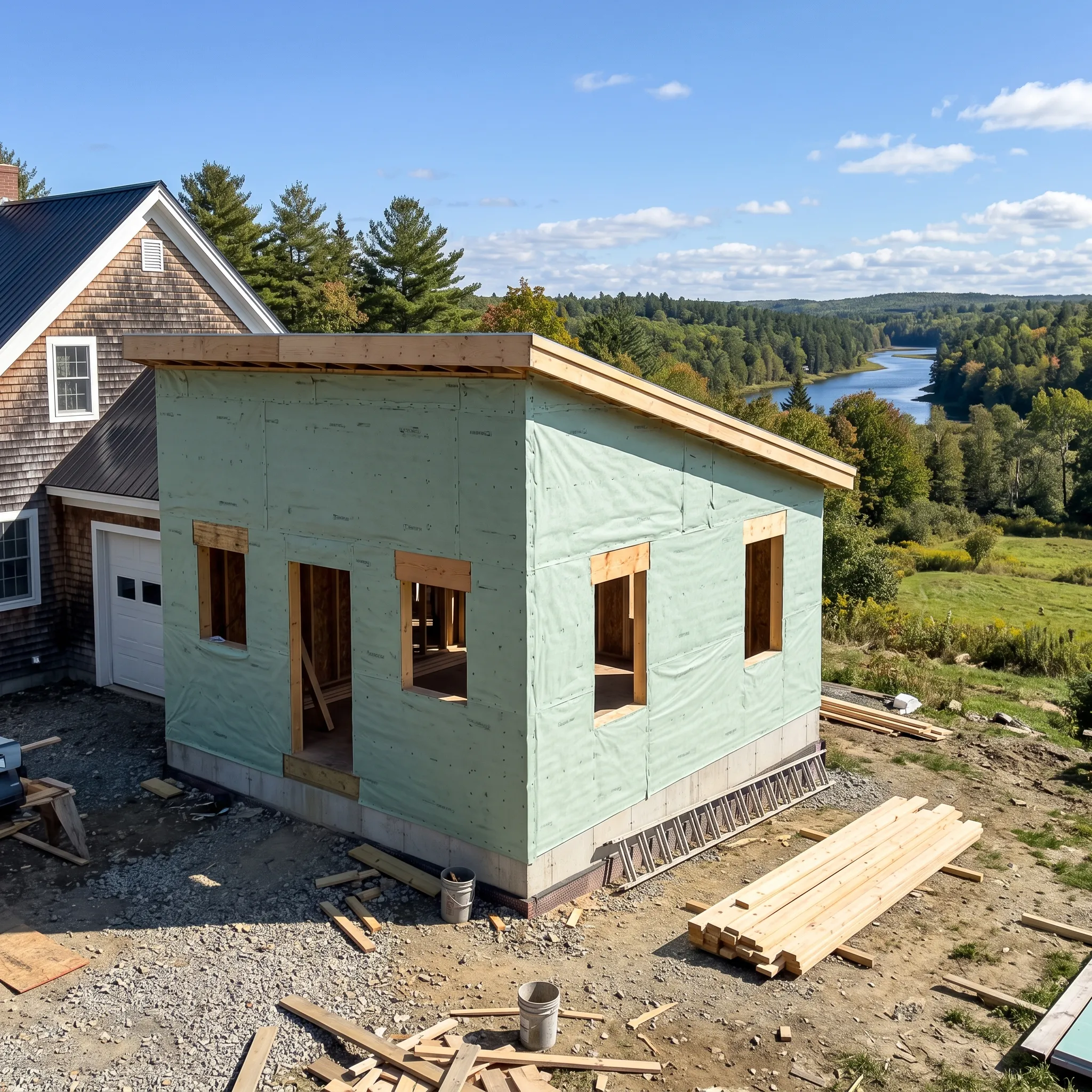Residential general contractor Searsmont Maine: shed-roof addition framed and wrapped beside a cedar shingle cape with a garage door