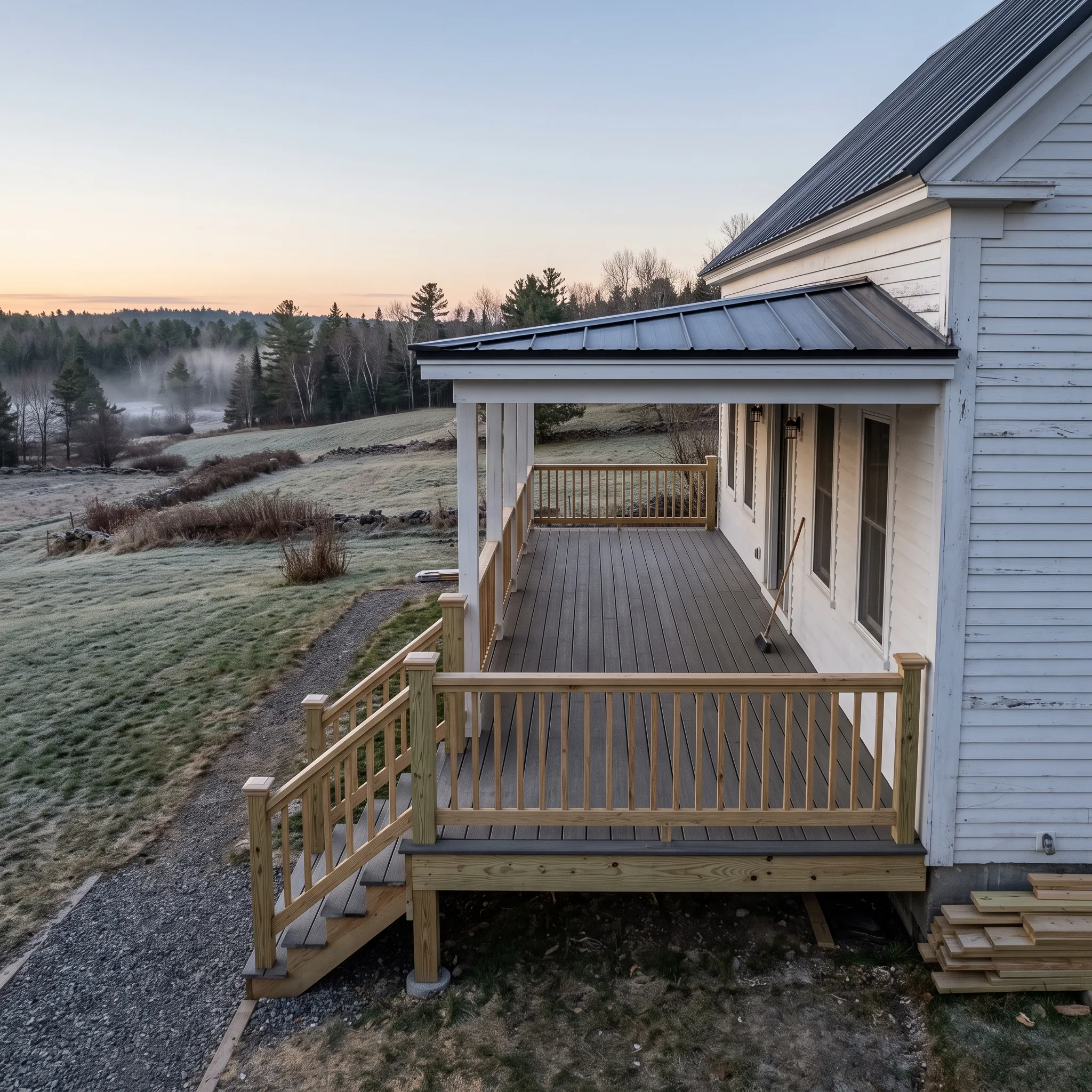 Construction company Searsmont Maine: new pressure-treated farmer's porch with metal roof on a white clapboard farmhouse in frost