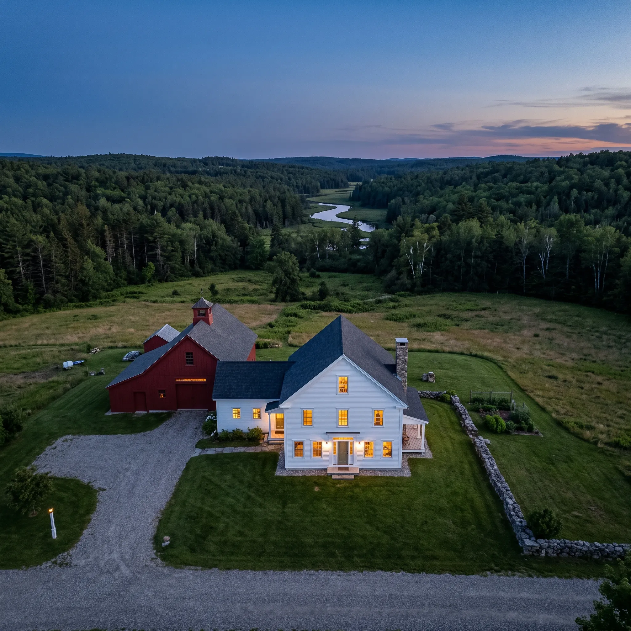 General contractor Searsmont Maine: aerial at dusk of a white farmhouse with lit windows, red barn and stone walls in fields