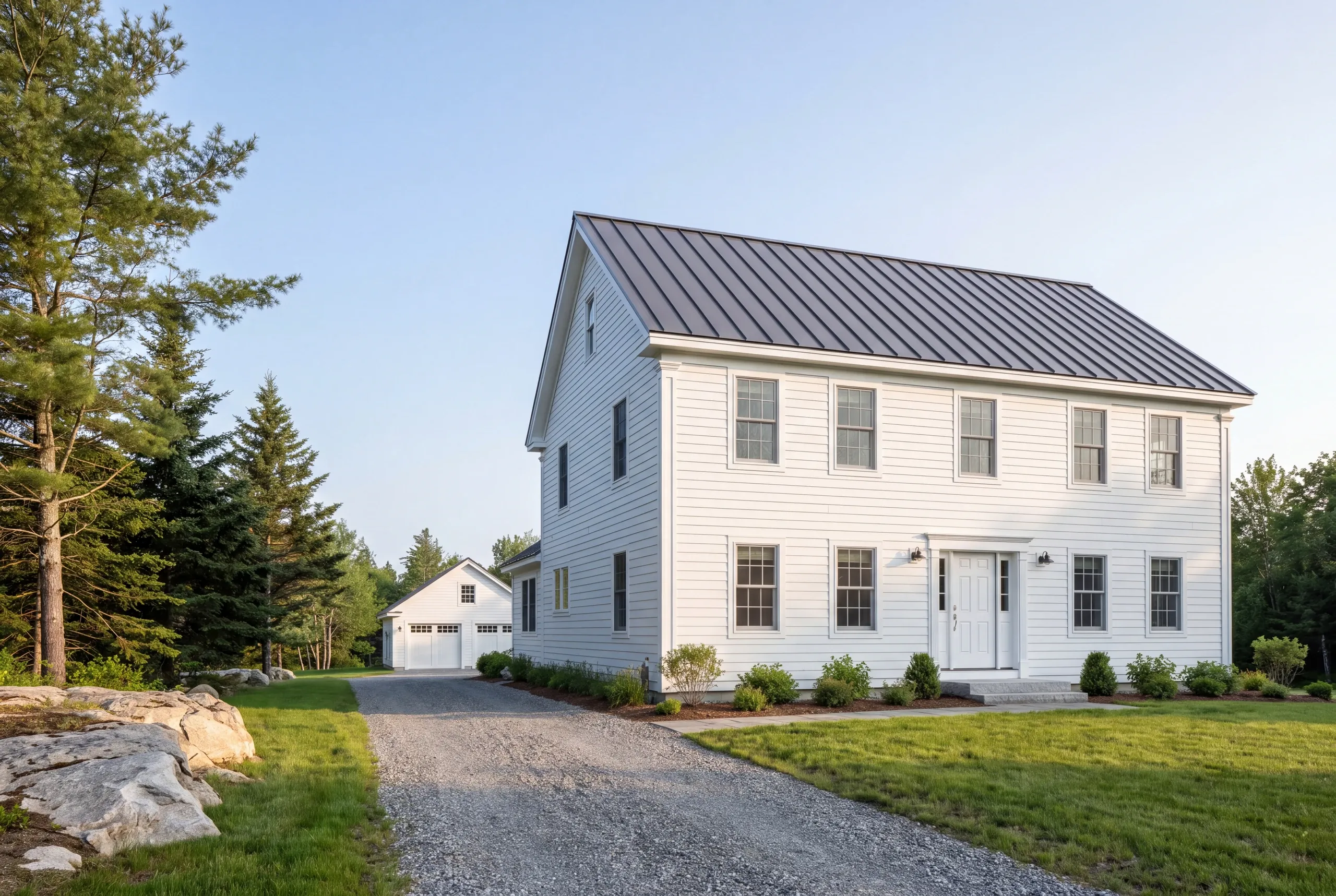Construction company Searsmont Maine: white two-story farmhouse with standing seam roof and a detached garage beyond