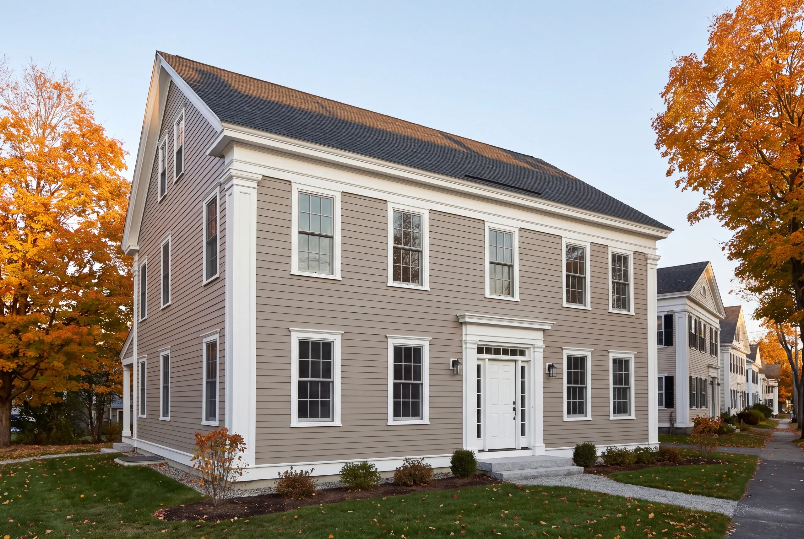 General contractor in Thomaston, ME: taupe two-story Federal house with white pilasters and pedimented entry among fall maples