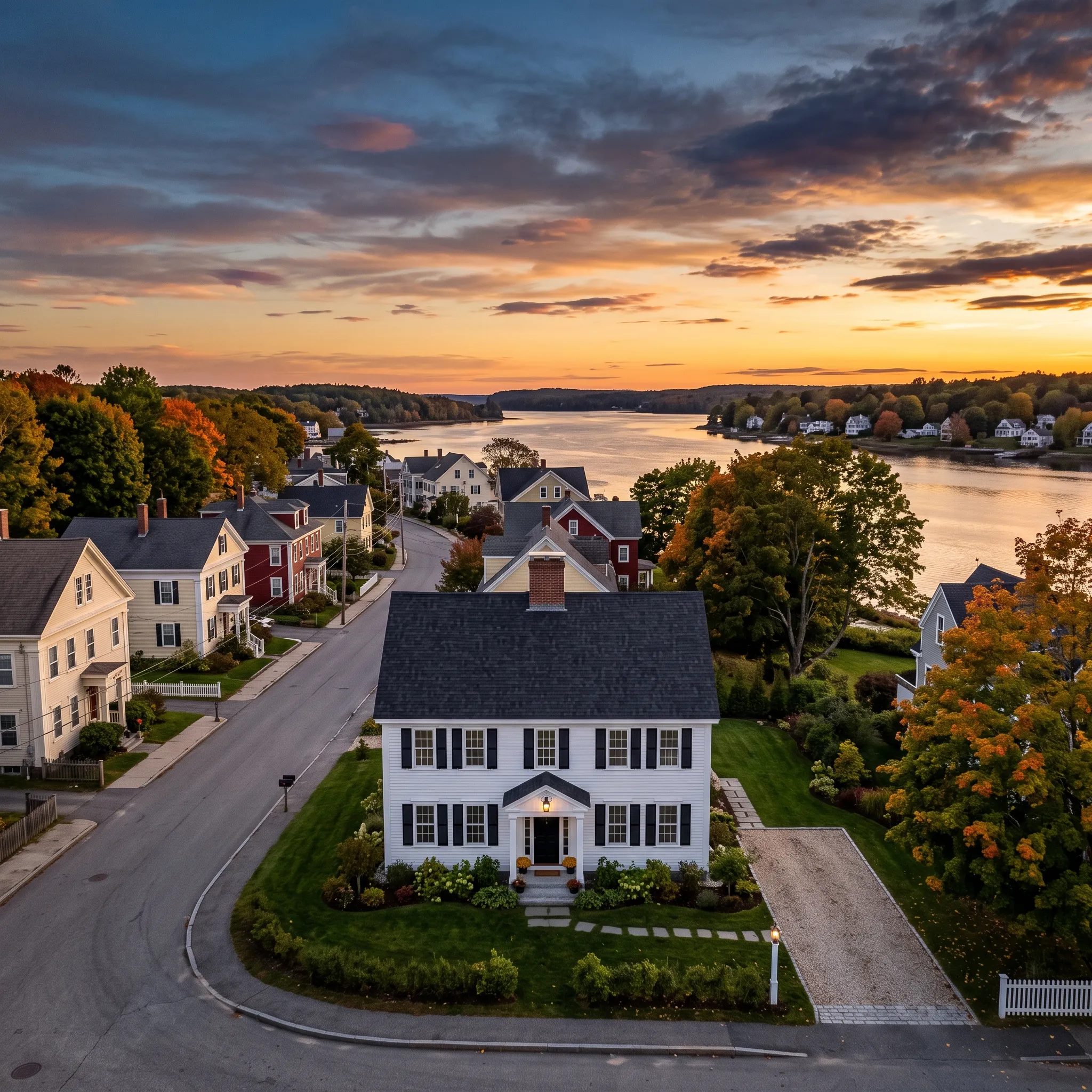 Residential general contractor Thomaston Maine: aerial of a white colonial on a corner lot along a river street at sunset