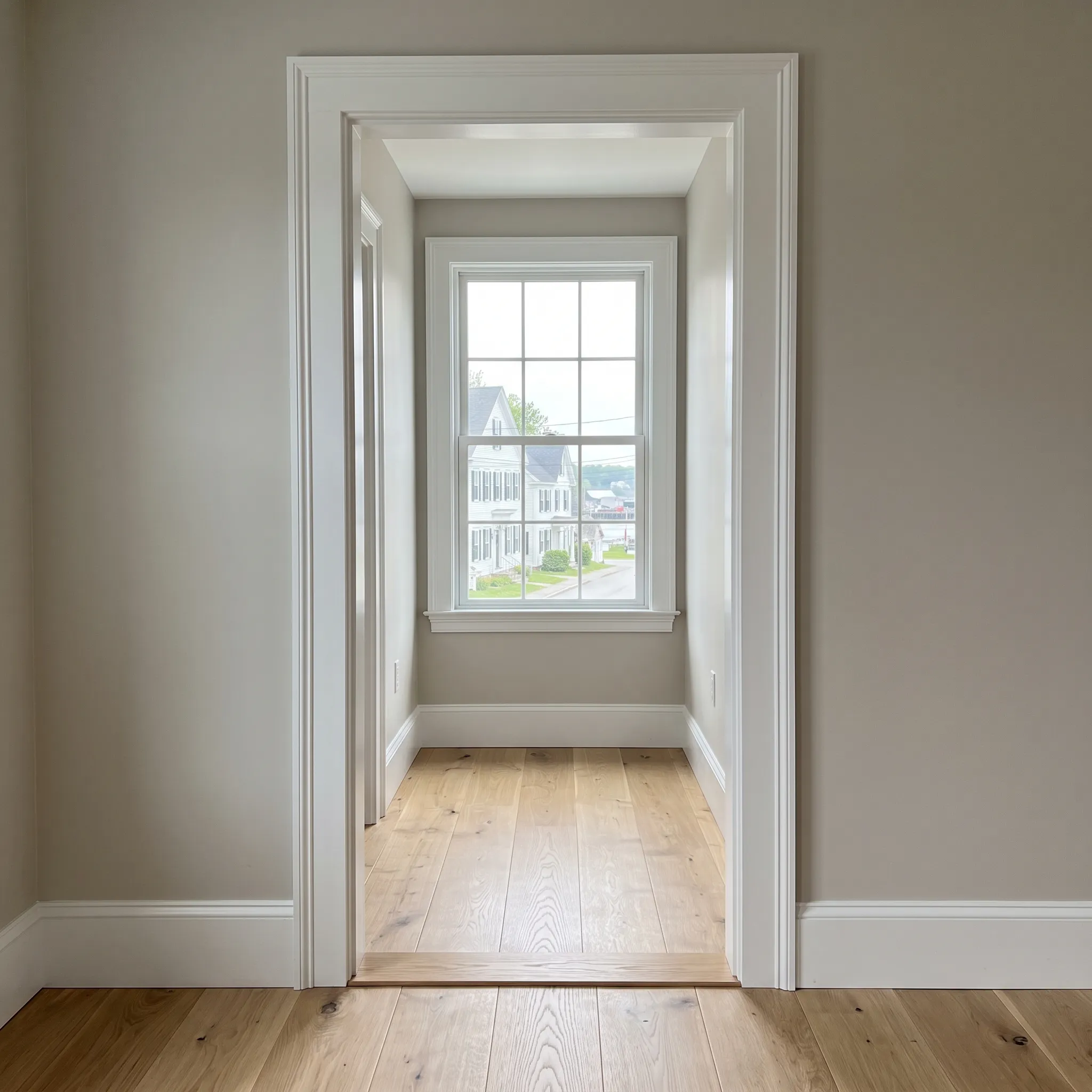 Construction company Thomaston Maine: doorway into a small room with a double-hung window, gray walls and wood floor