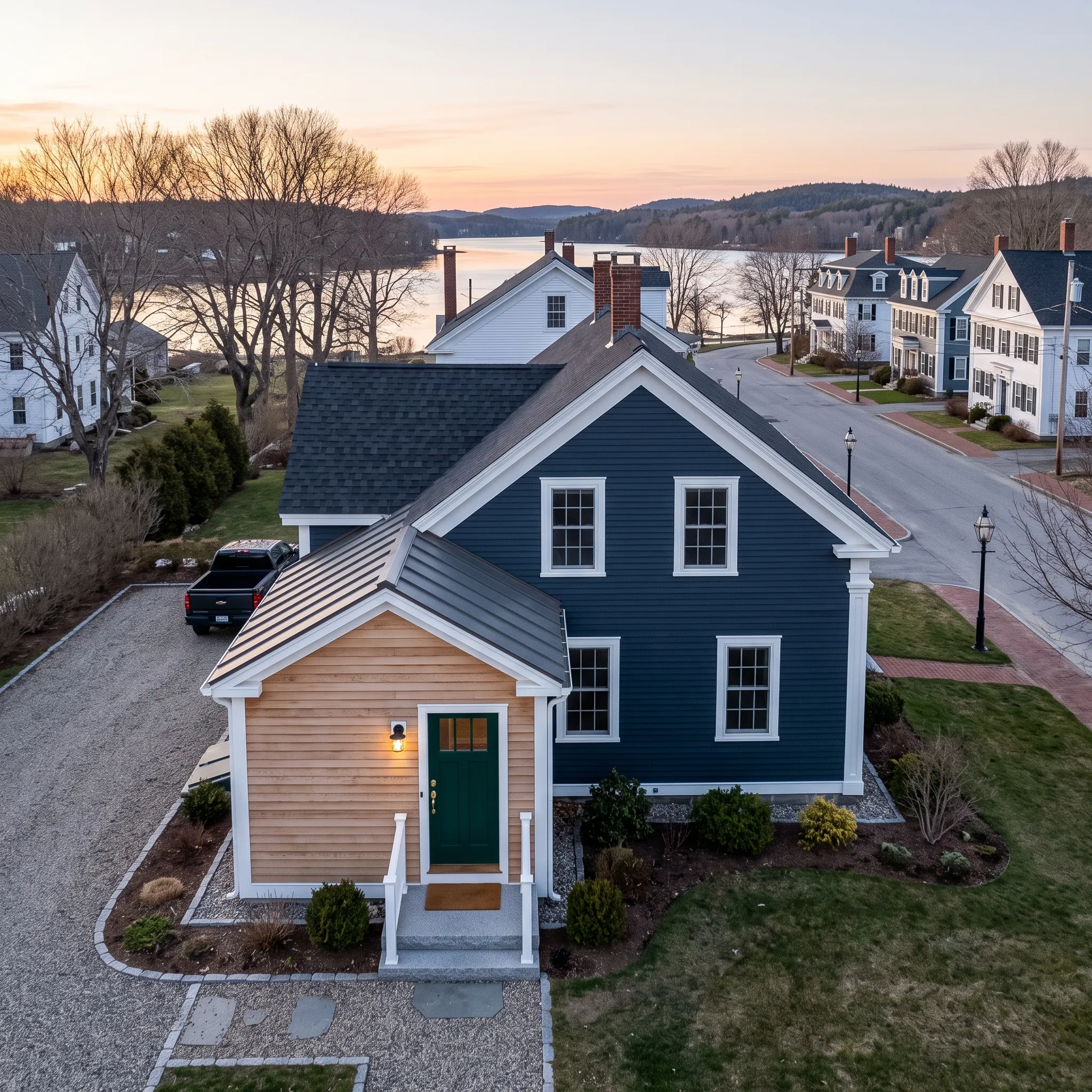 General contractor Thomaston Maine: aerial of a navy clapboard cape with a natural cedar entry wing and green door
