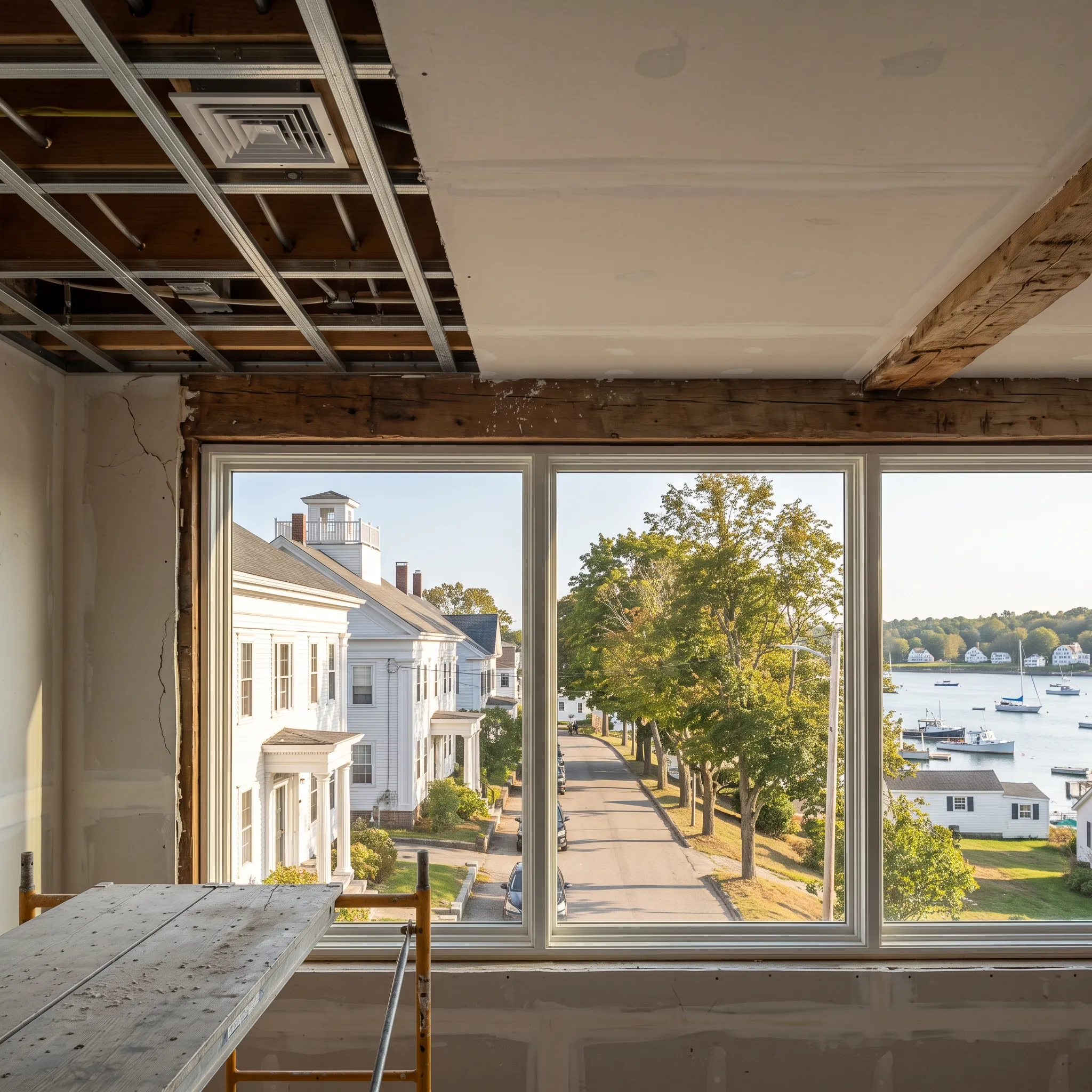 Residential general contractor Thomaston Maine: room under renovation with ceiling opened, hewn beam, new triple window and rolling scaffold