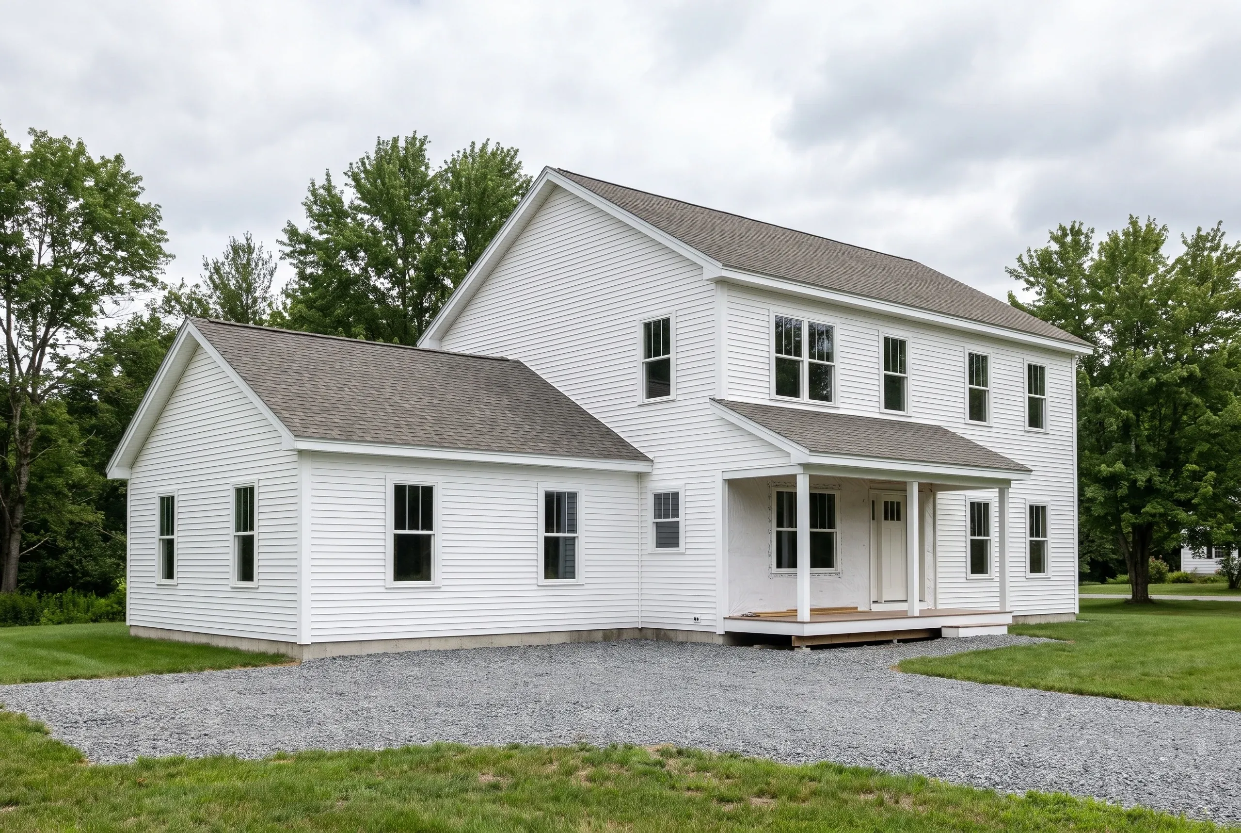 Construction company Thomaston Maine: white lap-sided colonial with a one-story wing and a new front porch, wall under it still wrapped