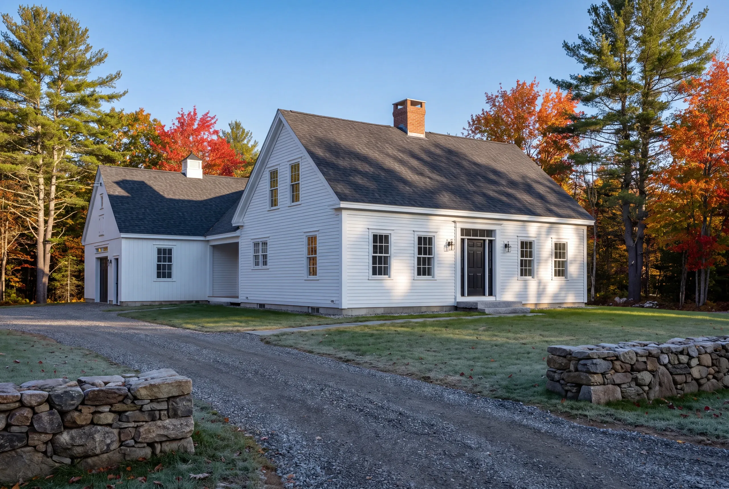 General contractor in Waldoboro, ME: white cape with attached garage wing, stone walls and gravel drive in fall color