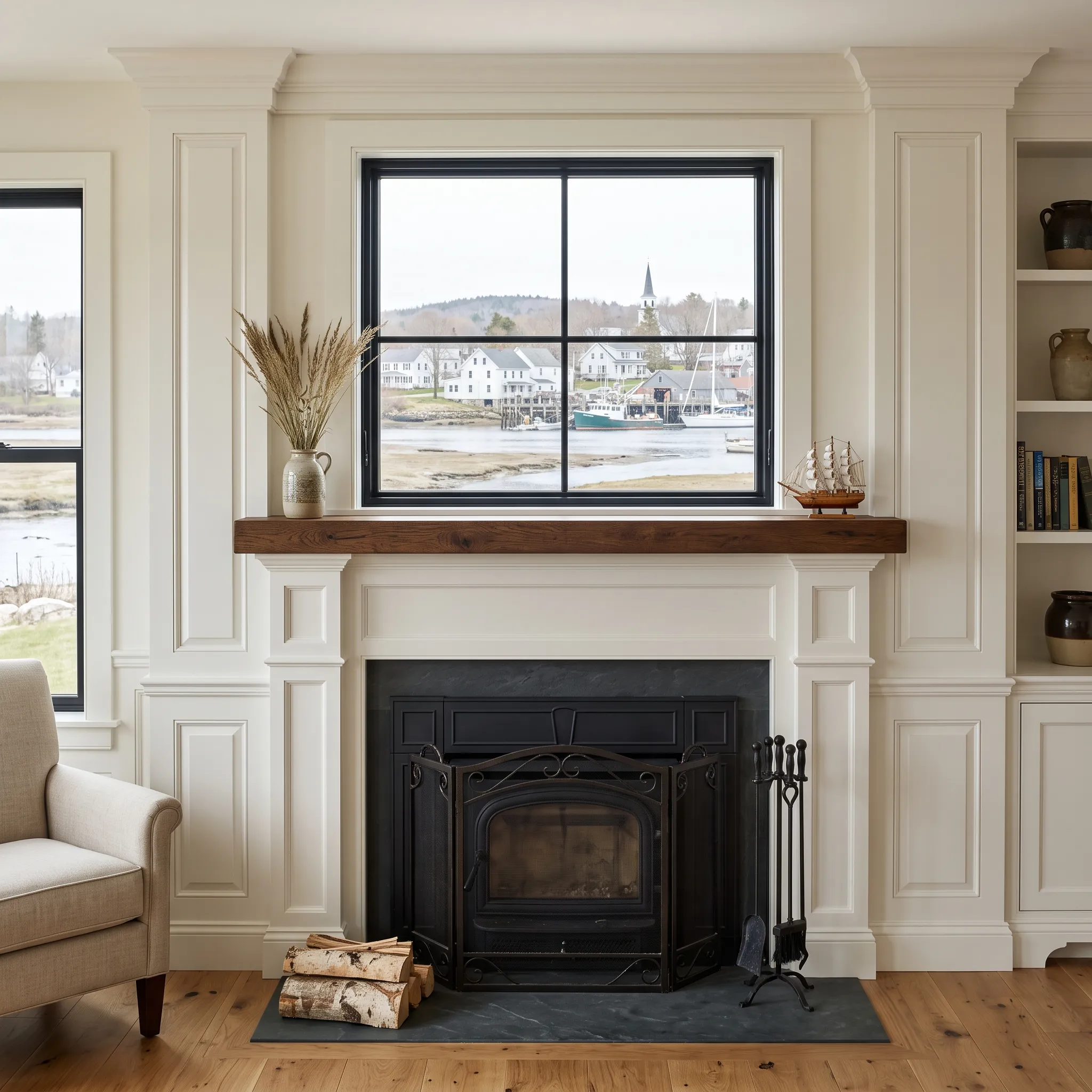 Residential general contractor Waldoboro Maine: fireplace with white paneled surround and wood mantel under a window over a harbor village