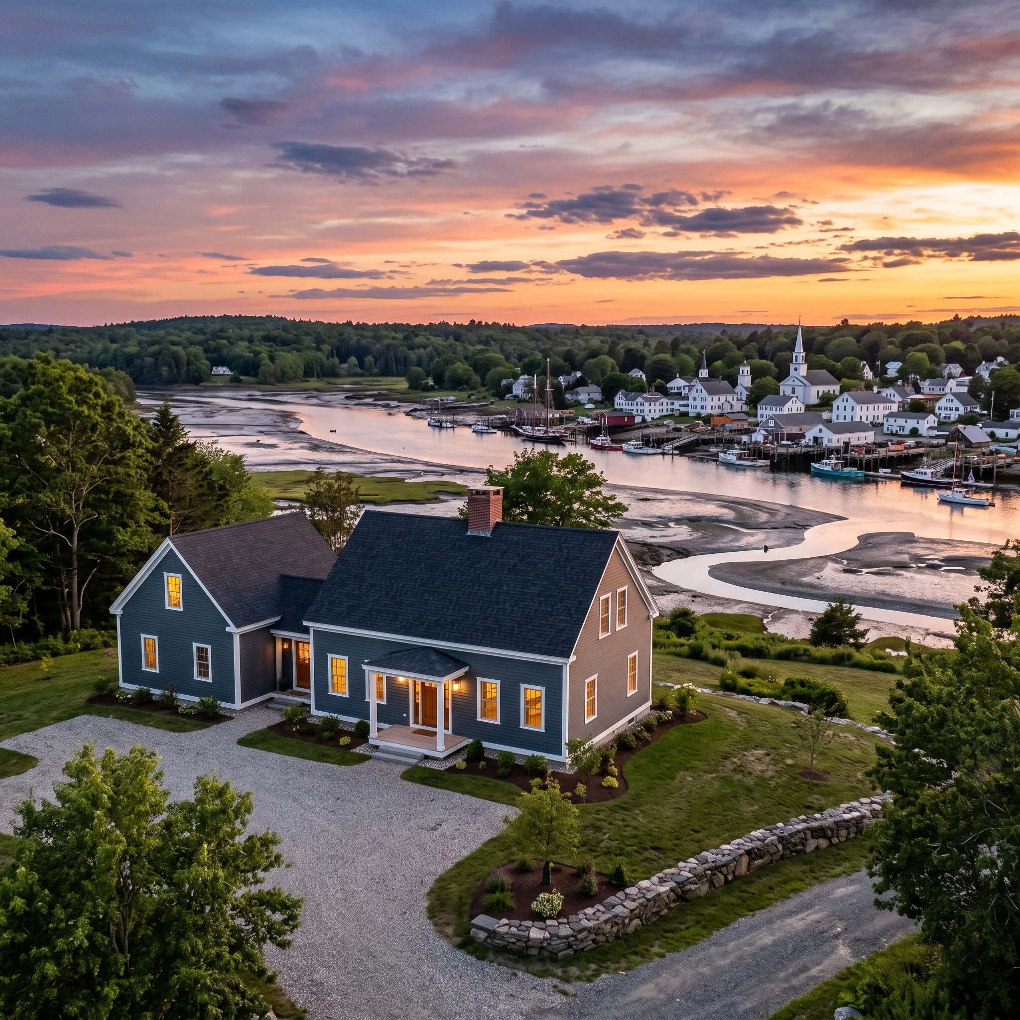 Construction company Waldoboro Maine: aerial at dusk of a blue-gray cape and ell with lit windows above a tidal river