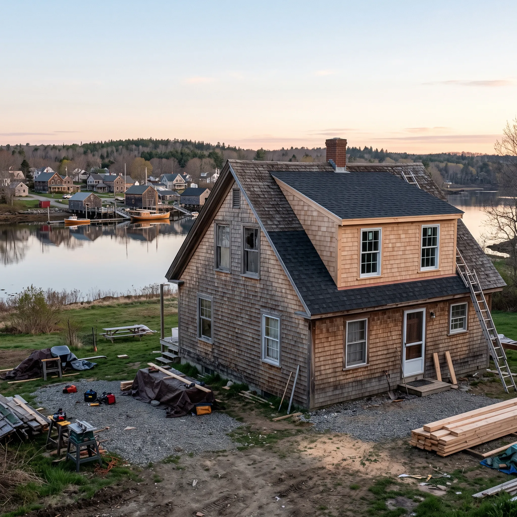 General contractor Waldoboro Maine: weathered cedar shingle cape with a new shingled dormer, ladder and lumber above a river