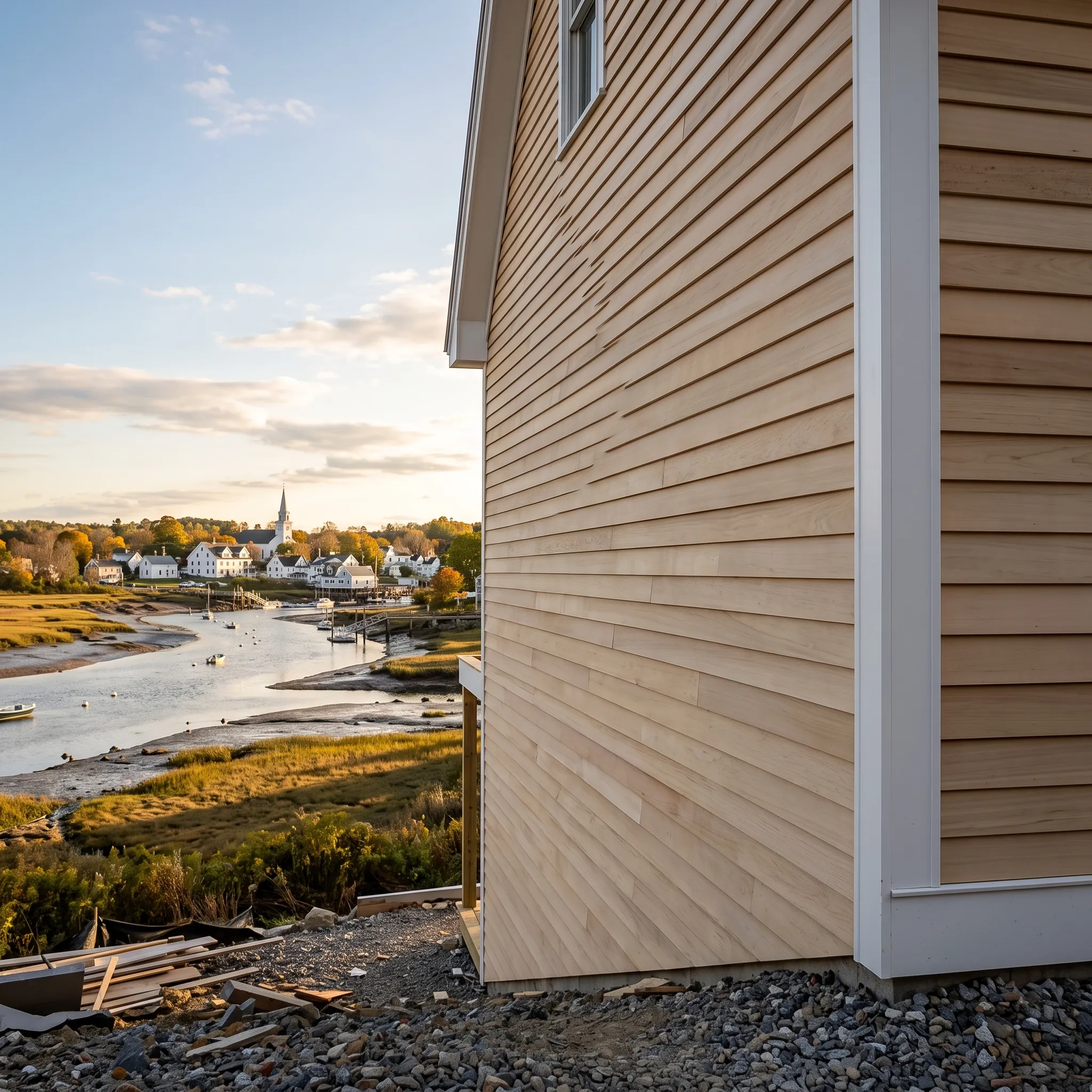 Residential general contractor Waldoboro Maine: close view of new natural wood clapboard at a white corner board above a tidal river