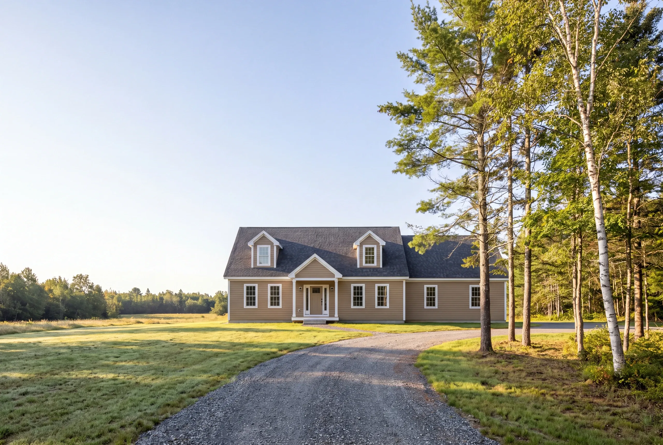 Construction company Waldoboro Maine: taupe cape with two dormers at the end of a gravel drive through a field with birches