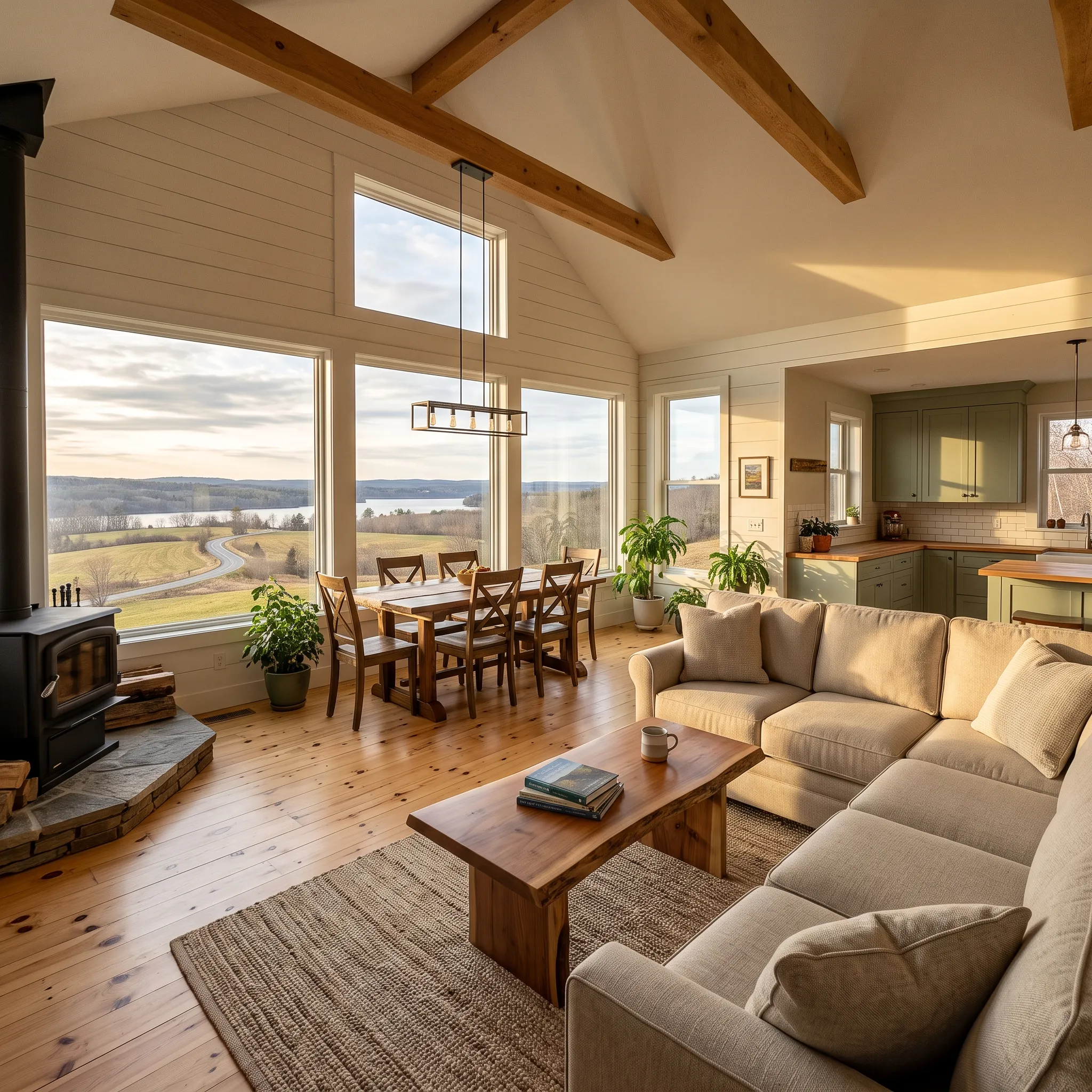 General contractor in Warren, ME: finished great room with vaulted ceiling, timber beams, wood stove and big windows over fields