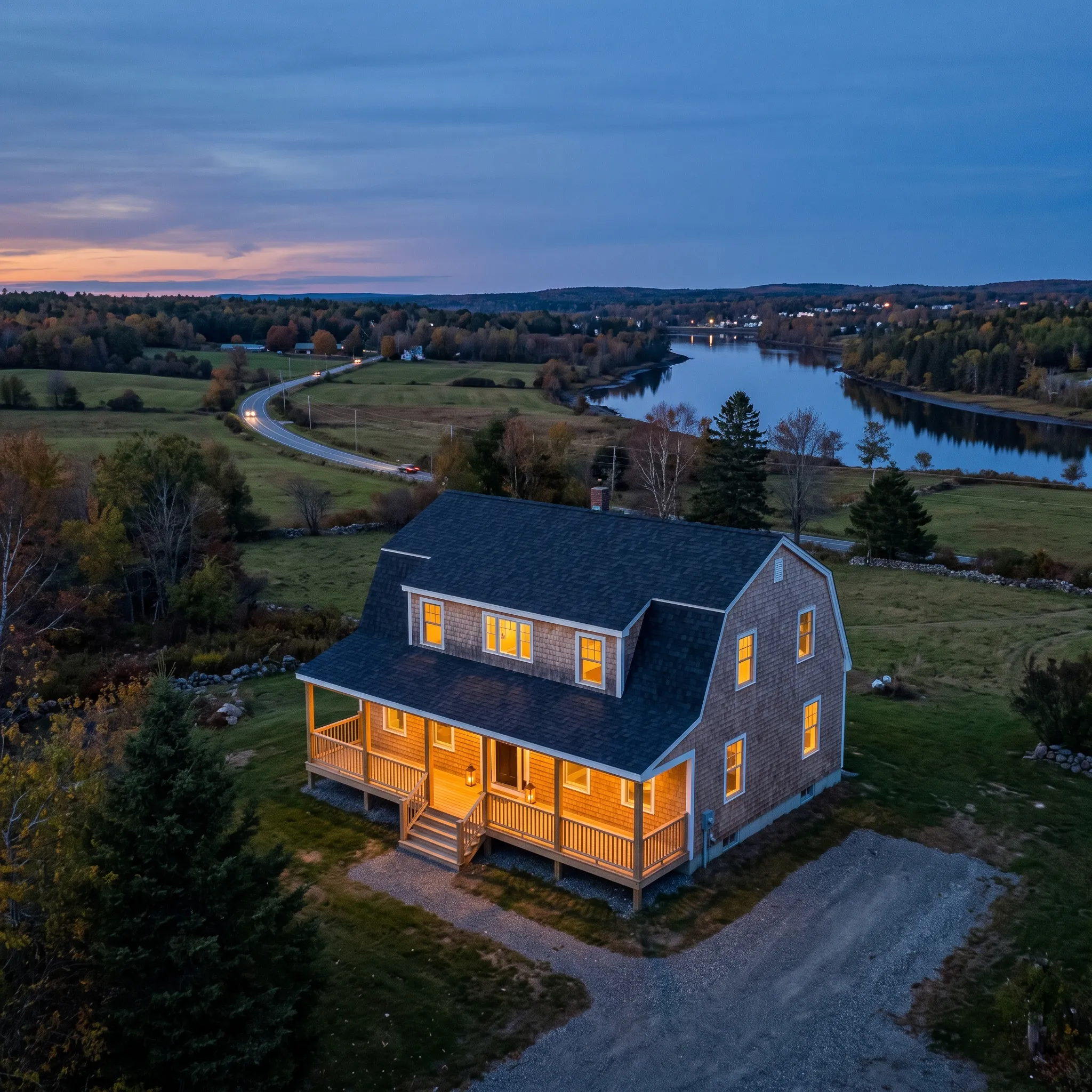 Residential general contractor Warren Maine: gambrel house with cedar shingle siding and a lit covered porch above a river at dusk