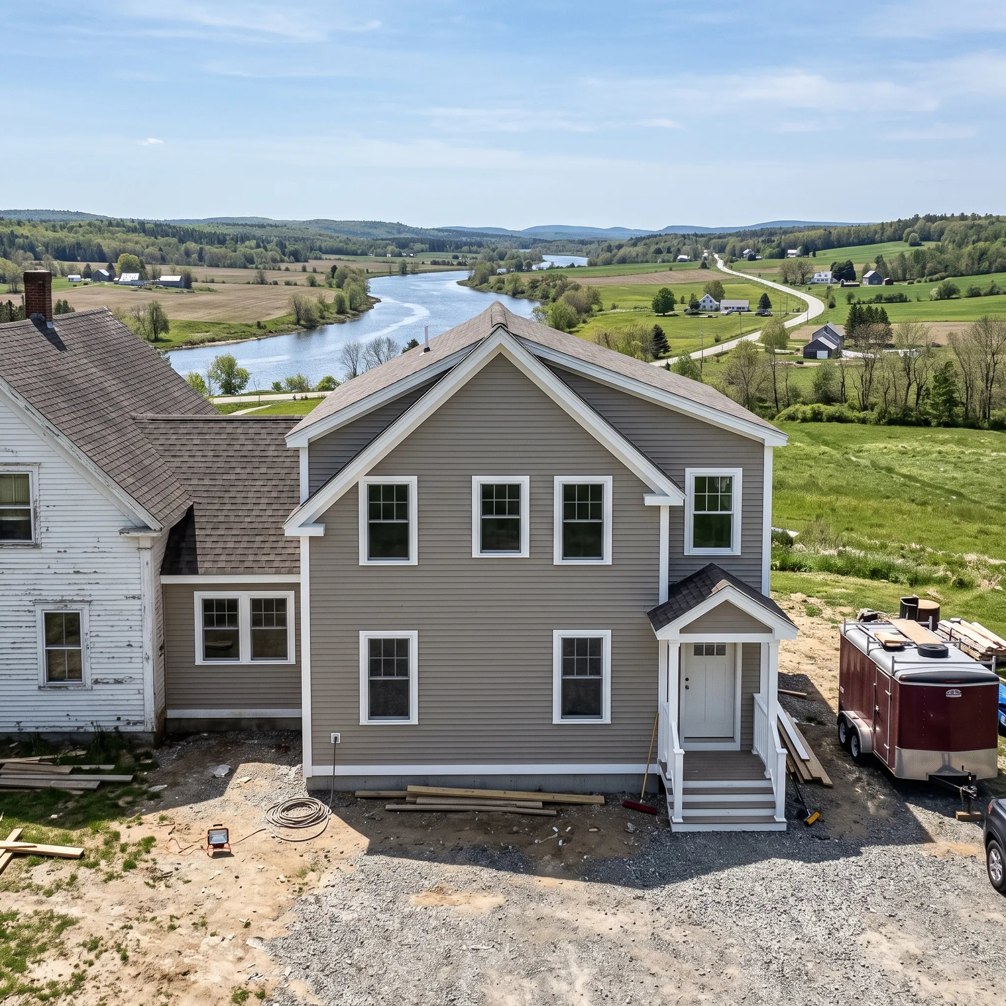 Construction company Warren Maine: new two-story wing with tan lap siding joined to an older white farmhouse, lumber on site
