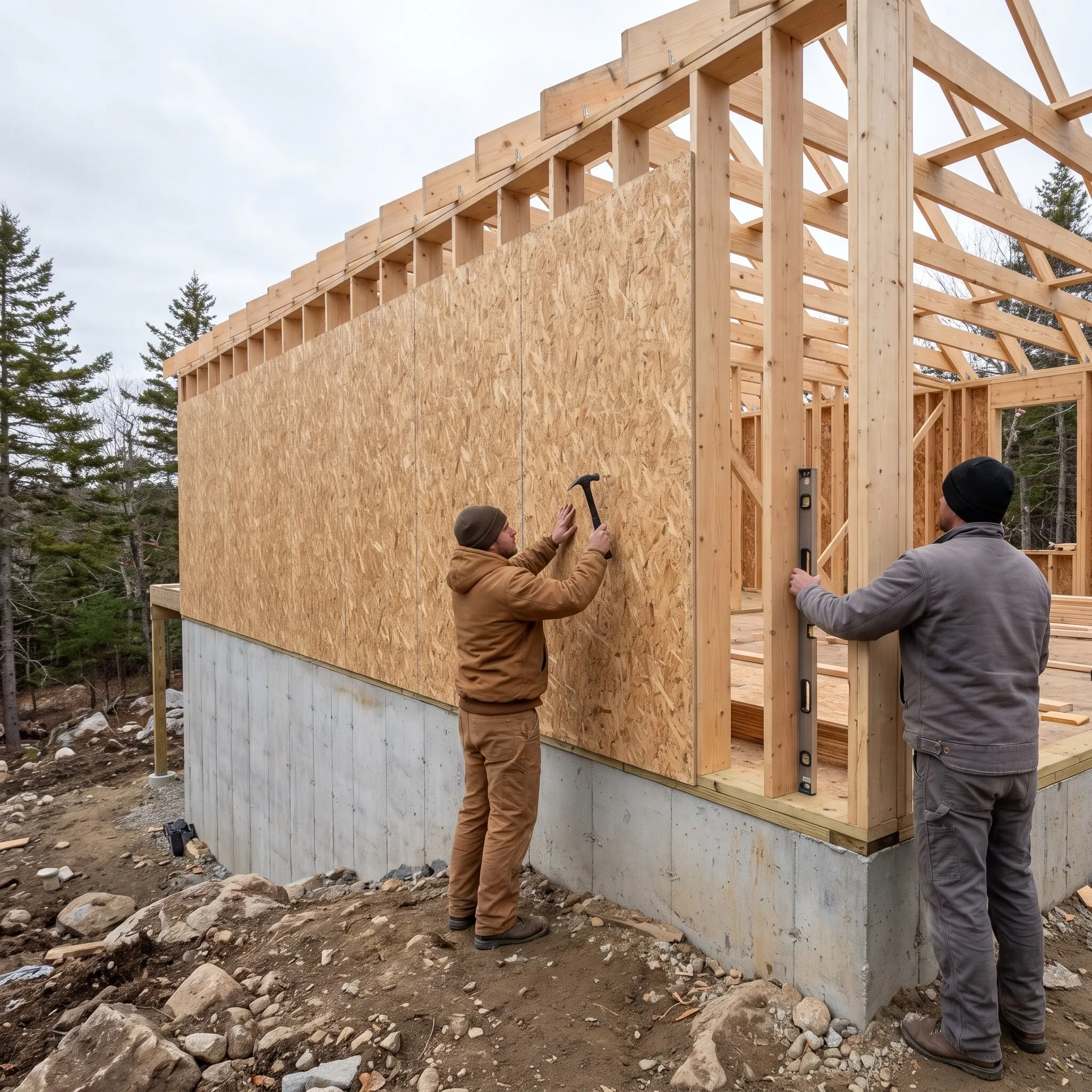 General contractor Warren Maine: two workers sheathing a framed wall in OSB above a poured concrete foundation on a rocky lot