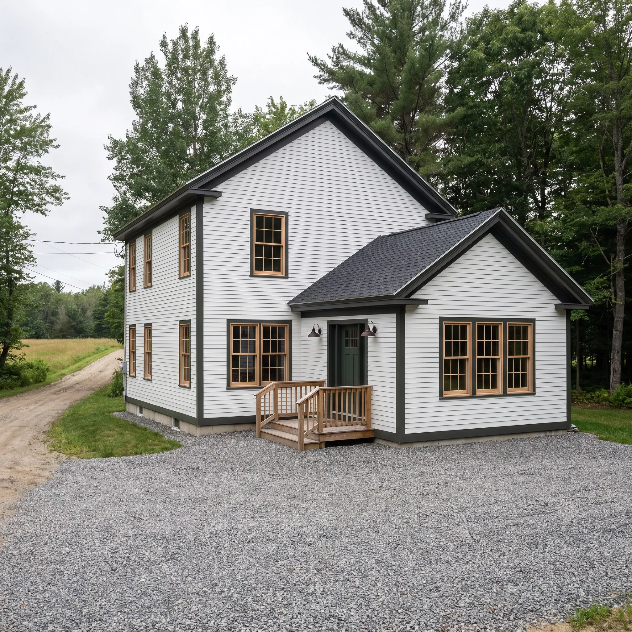 Residential general contractor Warren Maine: white farmhouse with black trim windows, a small covered stoop and a gravel drive by the woods.