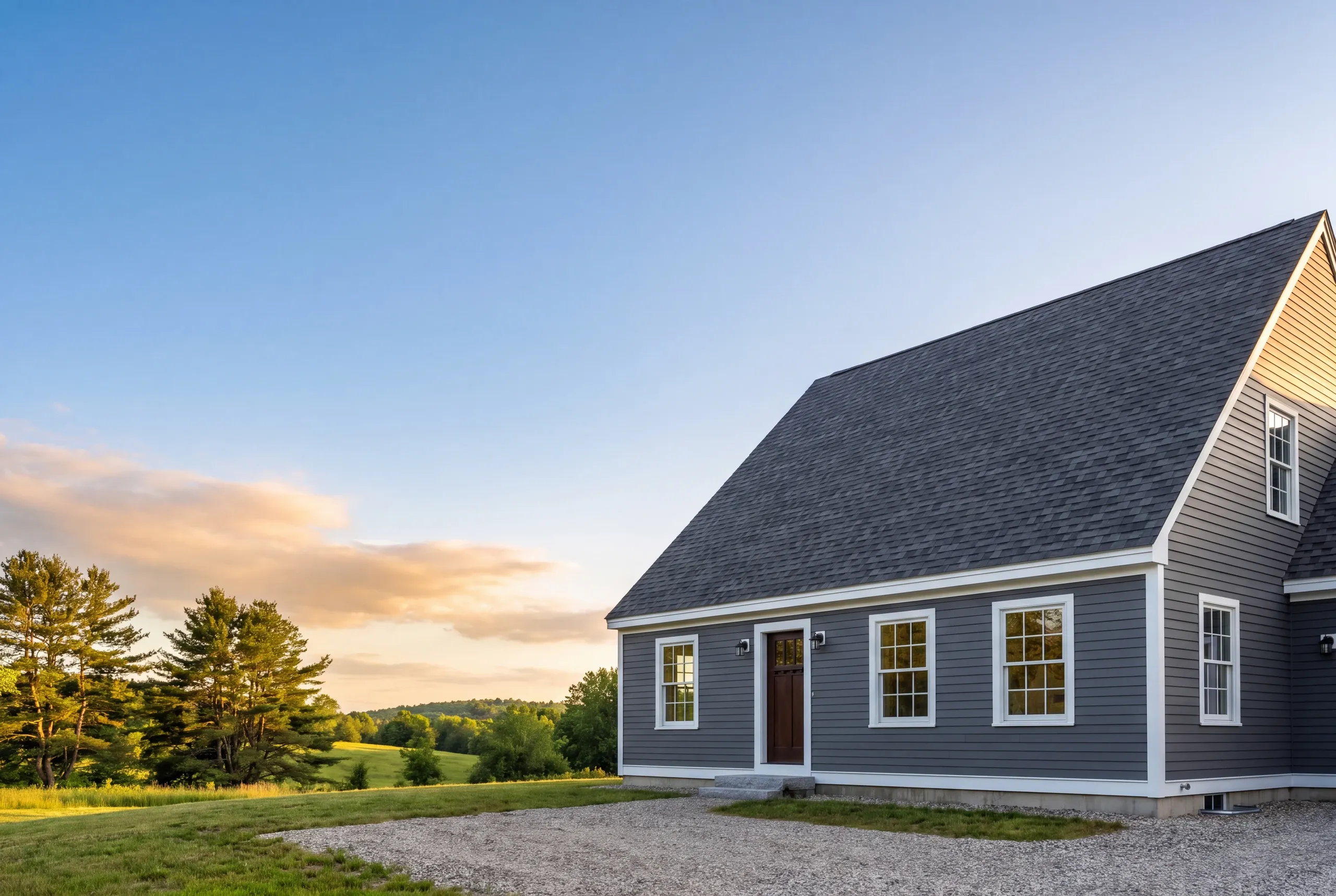 Construction company Warren Maine: gray-sided cape with white trim and a dark shingle roof beside a meadow at sunset