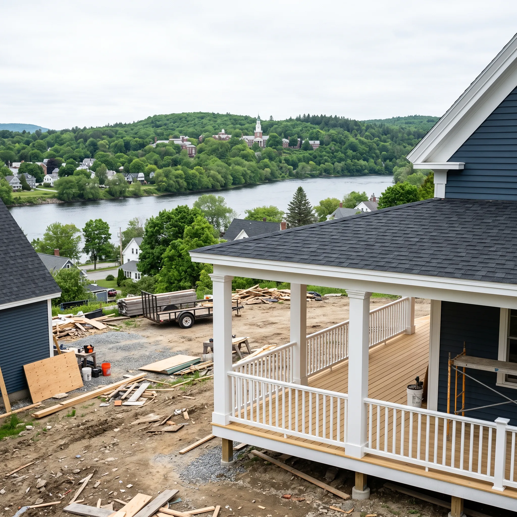 General contractor in Waterville, ME: navy-sided house with a new covered porch and white railings, lumber and debris on the lot