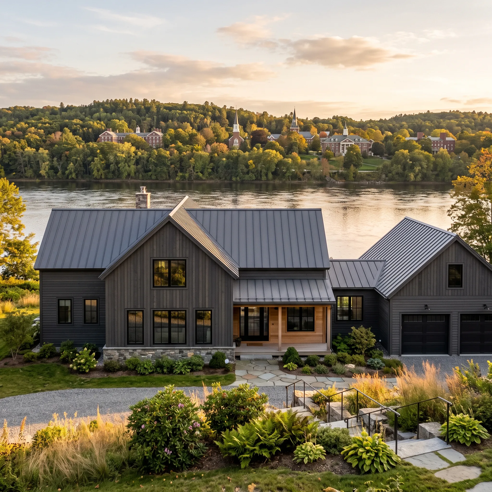Residential general contractor Waterville Maine: dark modern farmhouse with board and batten siding and standing seam metal roof on a river