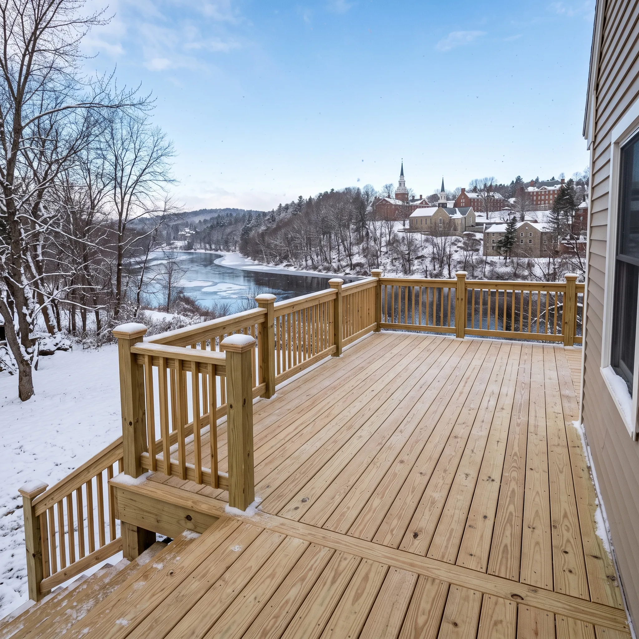 Construction company Waterville Maine: new pressure-treated deck with wood balusters and stairs under light snow above a river