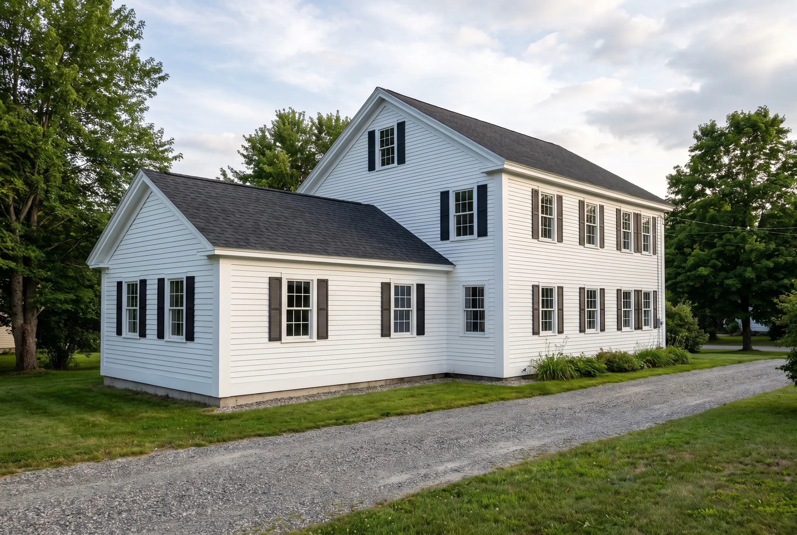 General contractor Waterville Maine: white two-story colonial with black shutters, a side ell and a gravel drive at dusk.