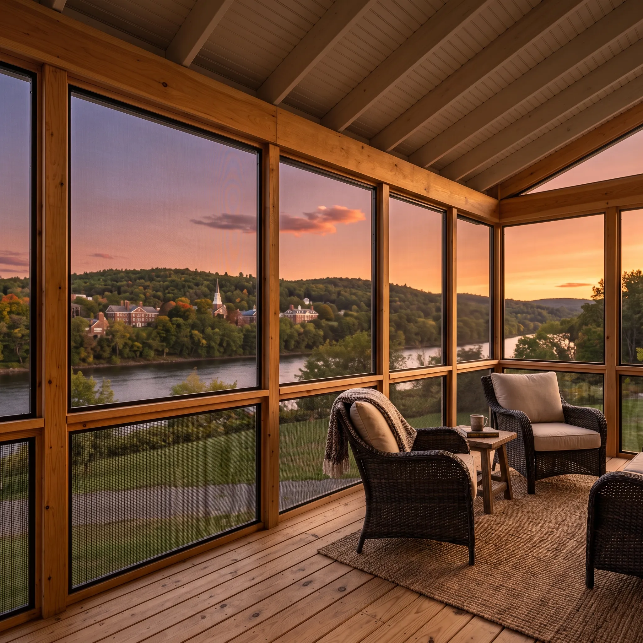 Residential general contractor Waterville Maine: screened porch with fir framing, wicker chairs and a sunset view across a river