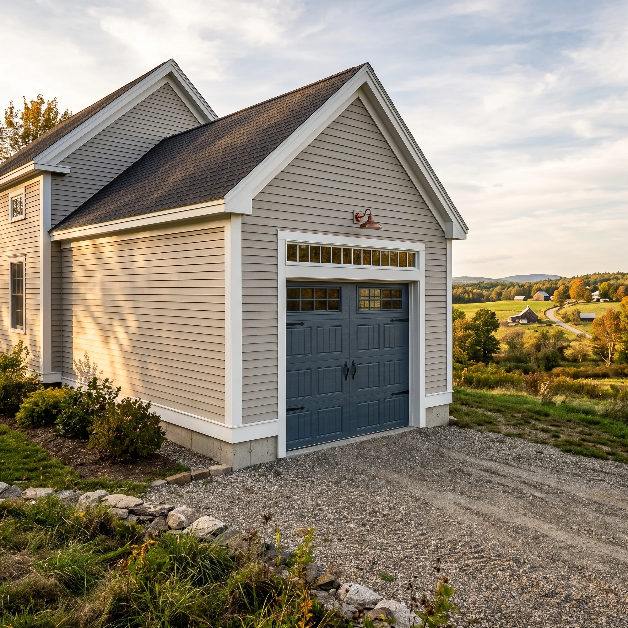 General contractor in Windsor, ME: single-bay garage wing with gray lap siding, carriage-style door and transom windows