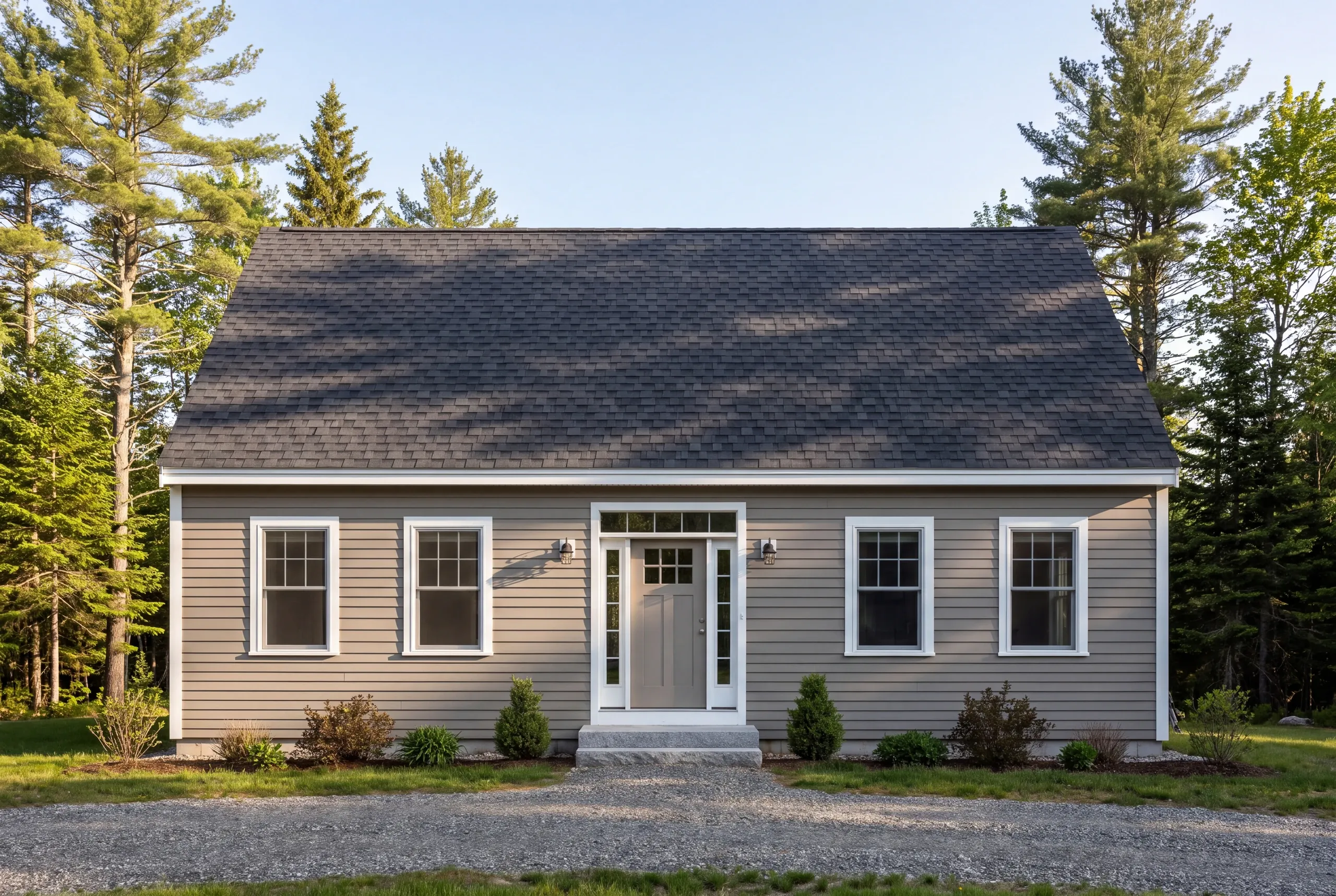 Residential general contractor Windsor Maine: cape with taupe lap siding, dark shingle roof and a sidelit front door on a wooded lot