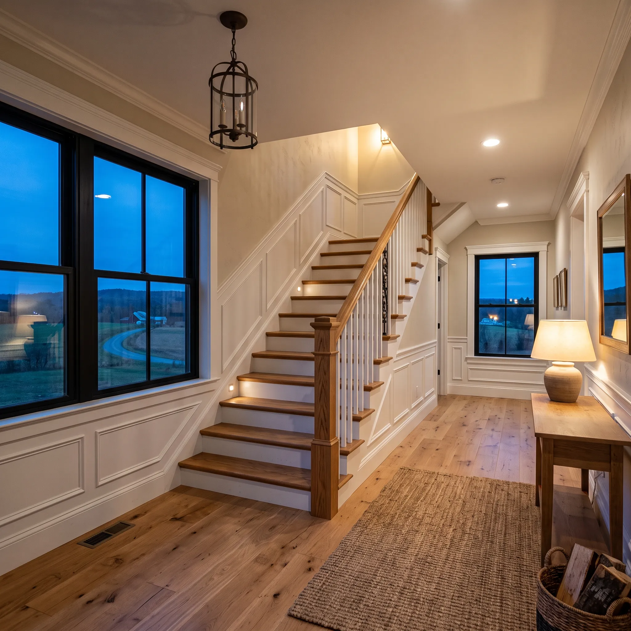 Construction company Windsor Maine: finished stair hall with oak treads, white balusters, wainscot panels and black-framed windows
