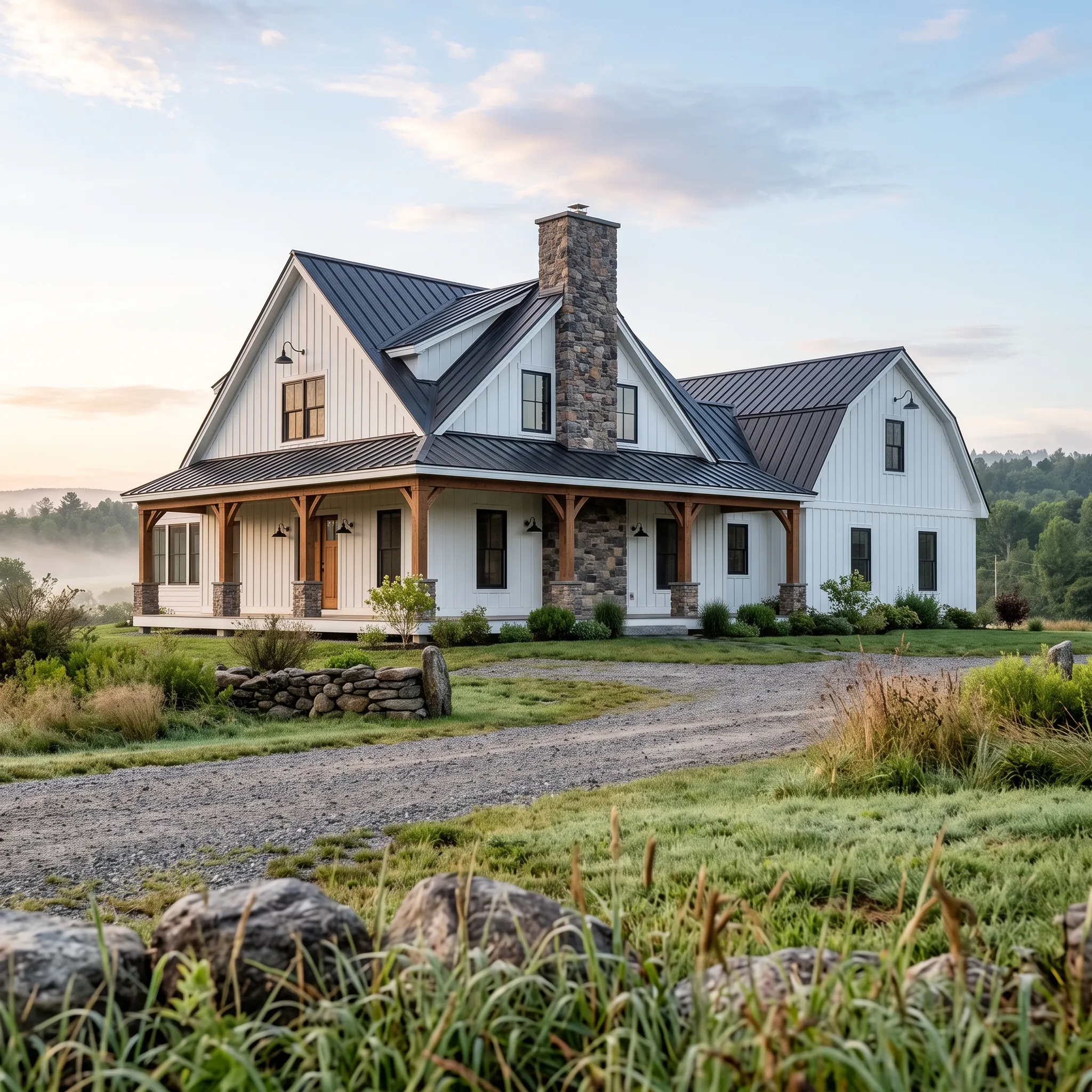 General contractor Windsor Maine: white board and batten farmhouse with standing seam roof, stone chimney and timber porch