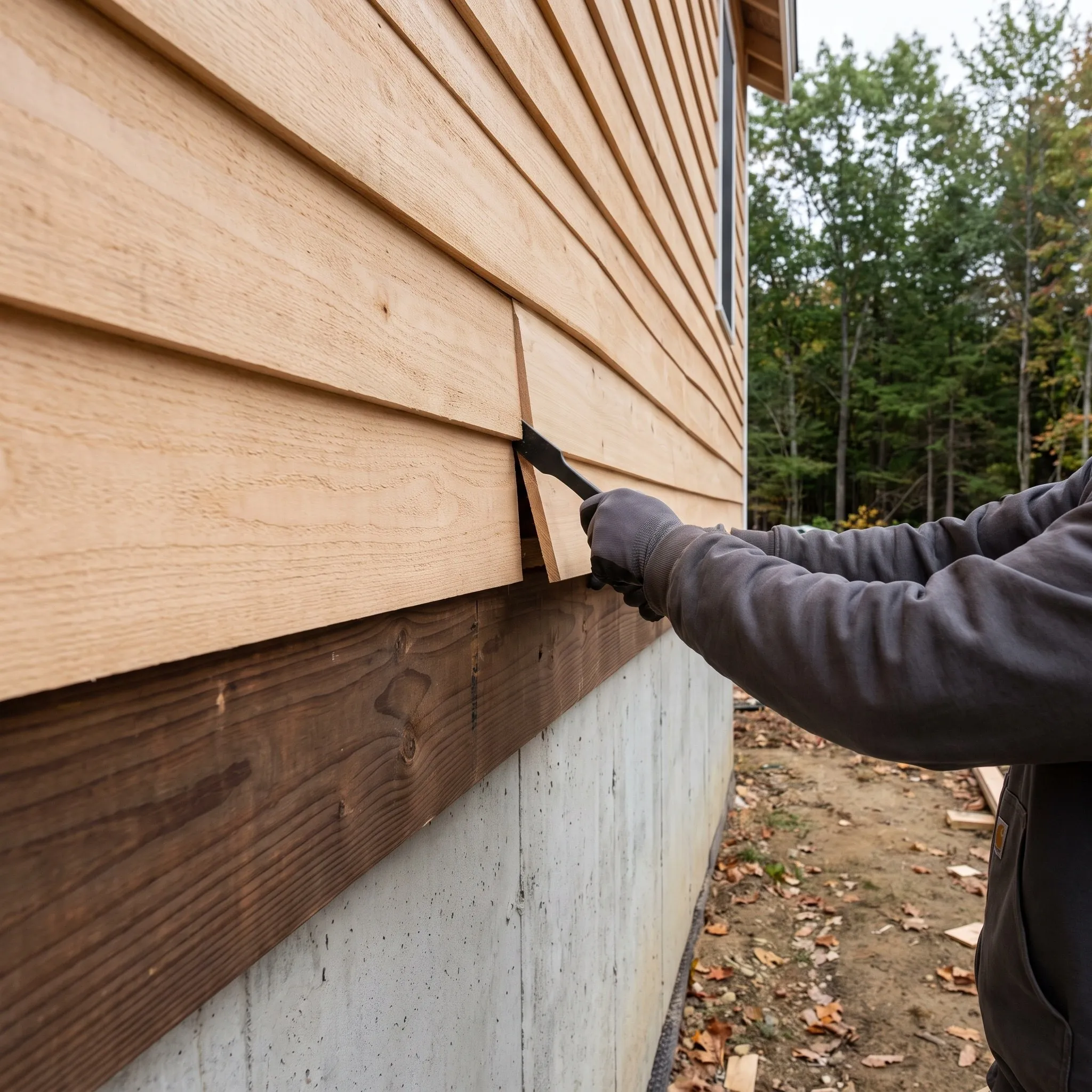 Residential general contractor Windsor Maine: gloved hand setting a flat bar under new cedar lap siding above a stained band board