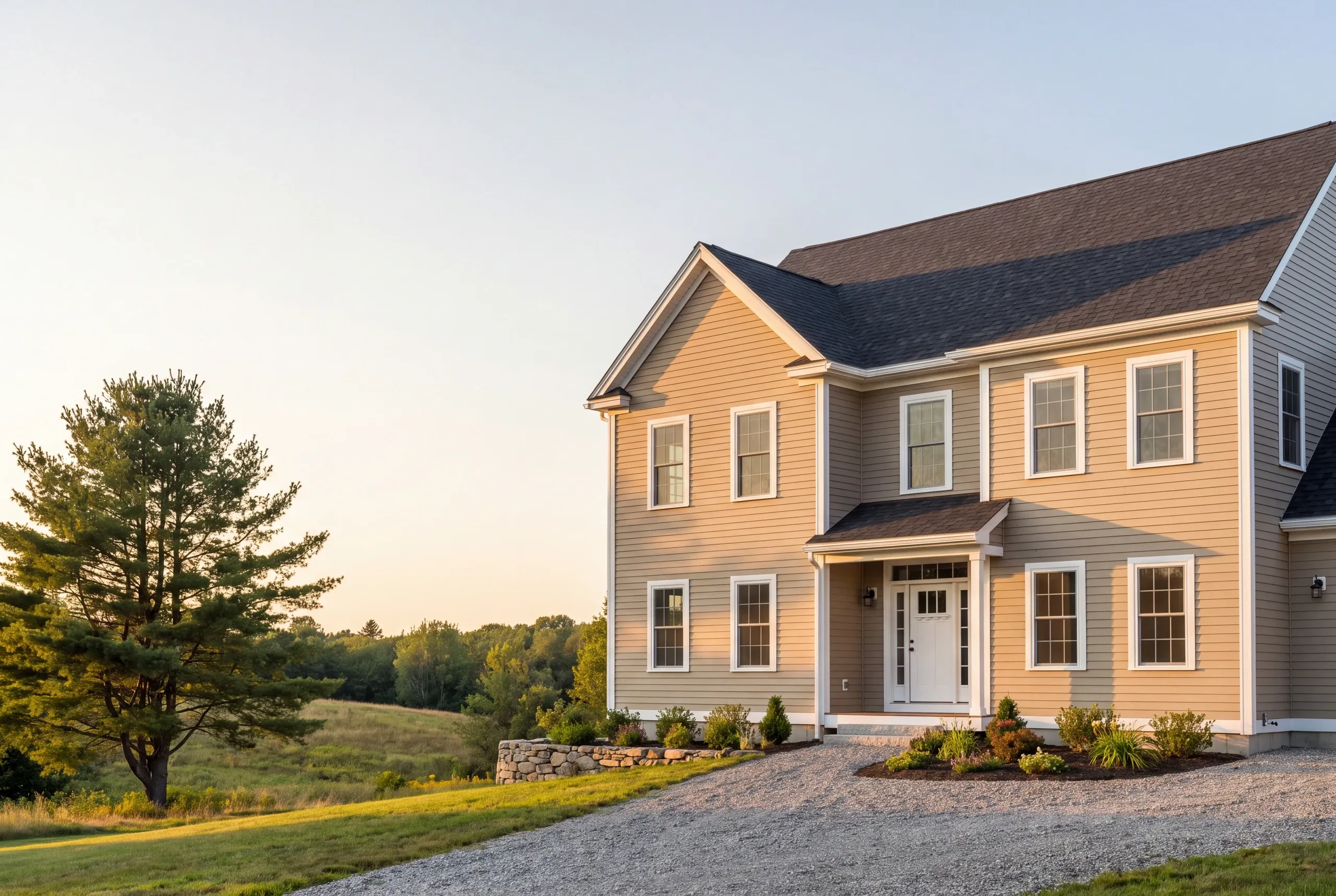 Construction company Windsor Maine: tan two-story colonial with white trim, small entry roof and gravel drive at sunset