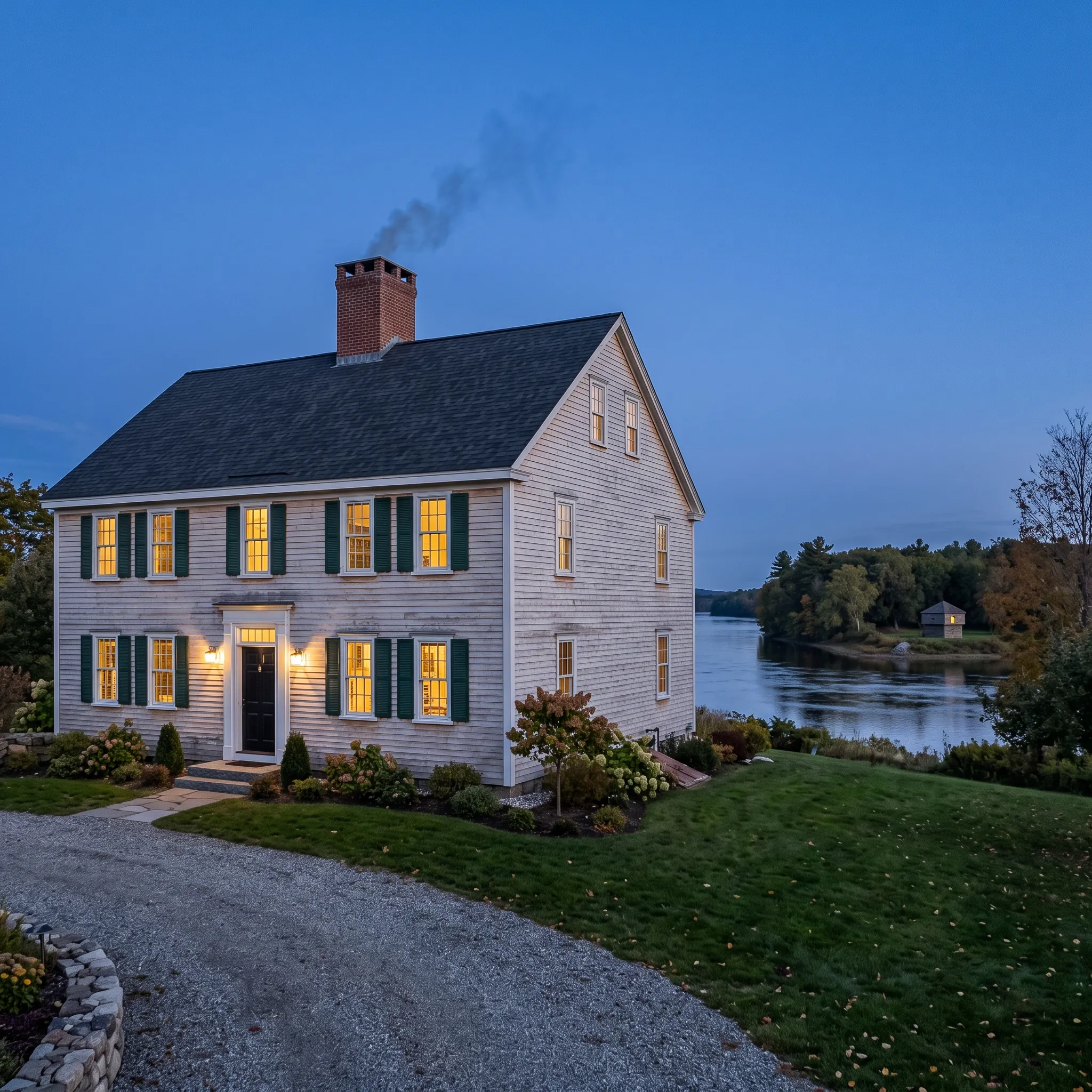 Residential general contractor Winslow Maine: two-story colonial with pale clapboards, green shutters and lit windows above a river at dusk