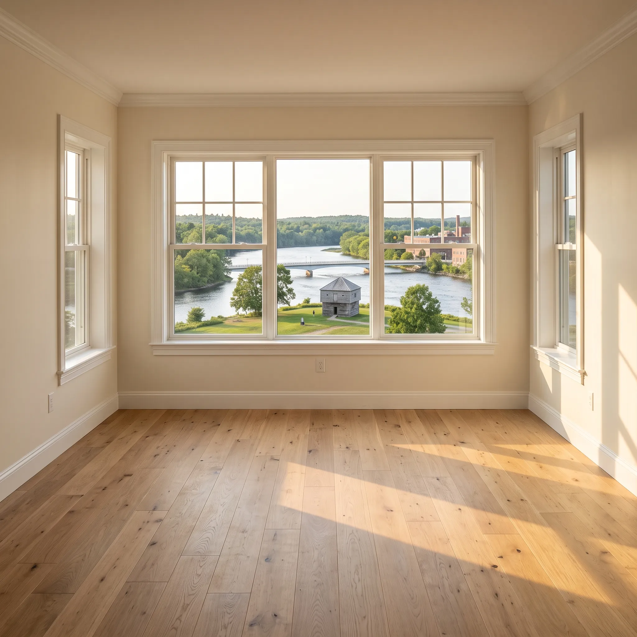 Construction company Winslow Maine: empty finished room with wide-plank oak floor and a triple window looking over a river