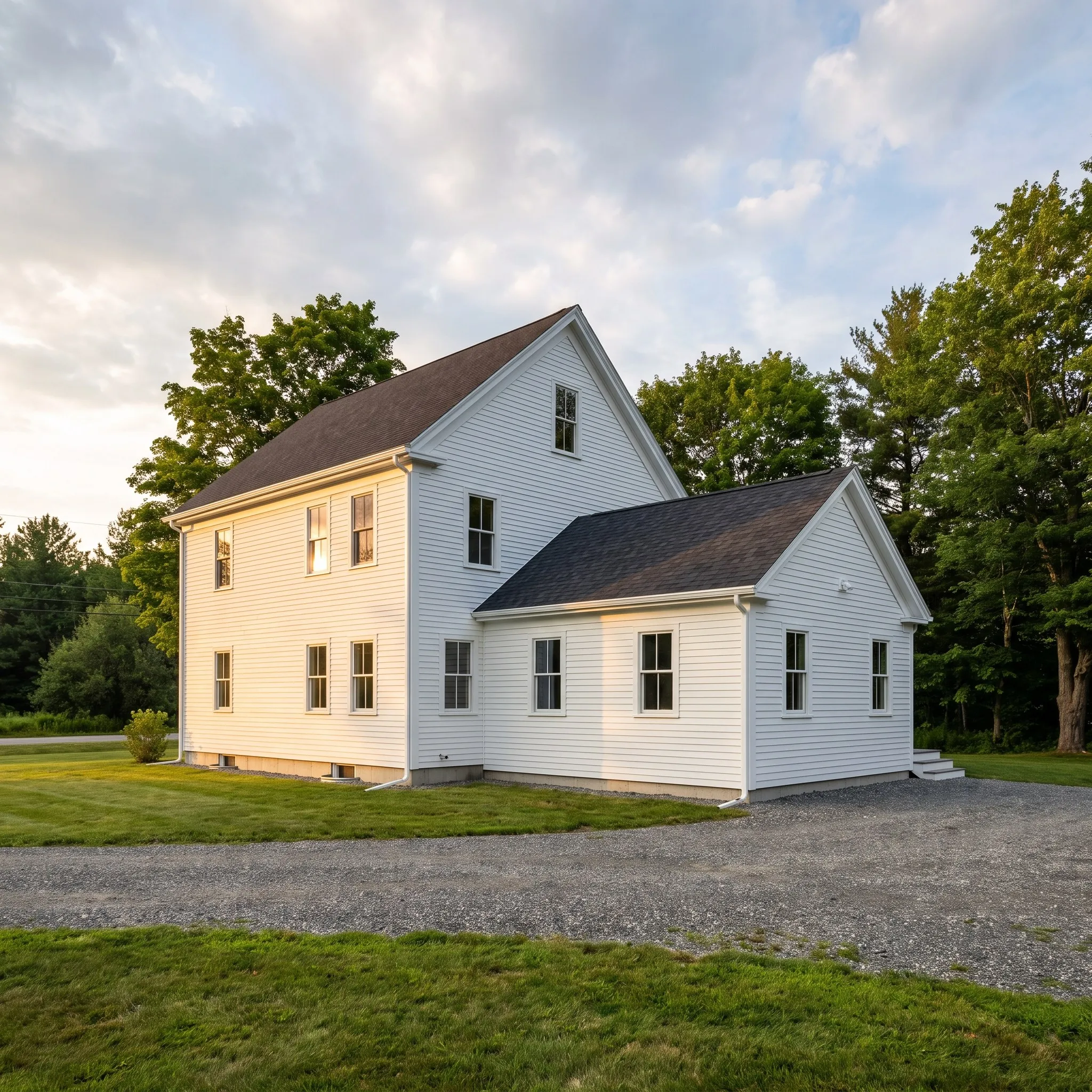 General contractor Winslow Maine: white two-story with a side shed ell, black roof and a gravel drive at golden hour by the woods.