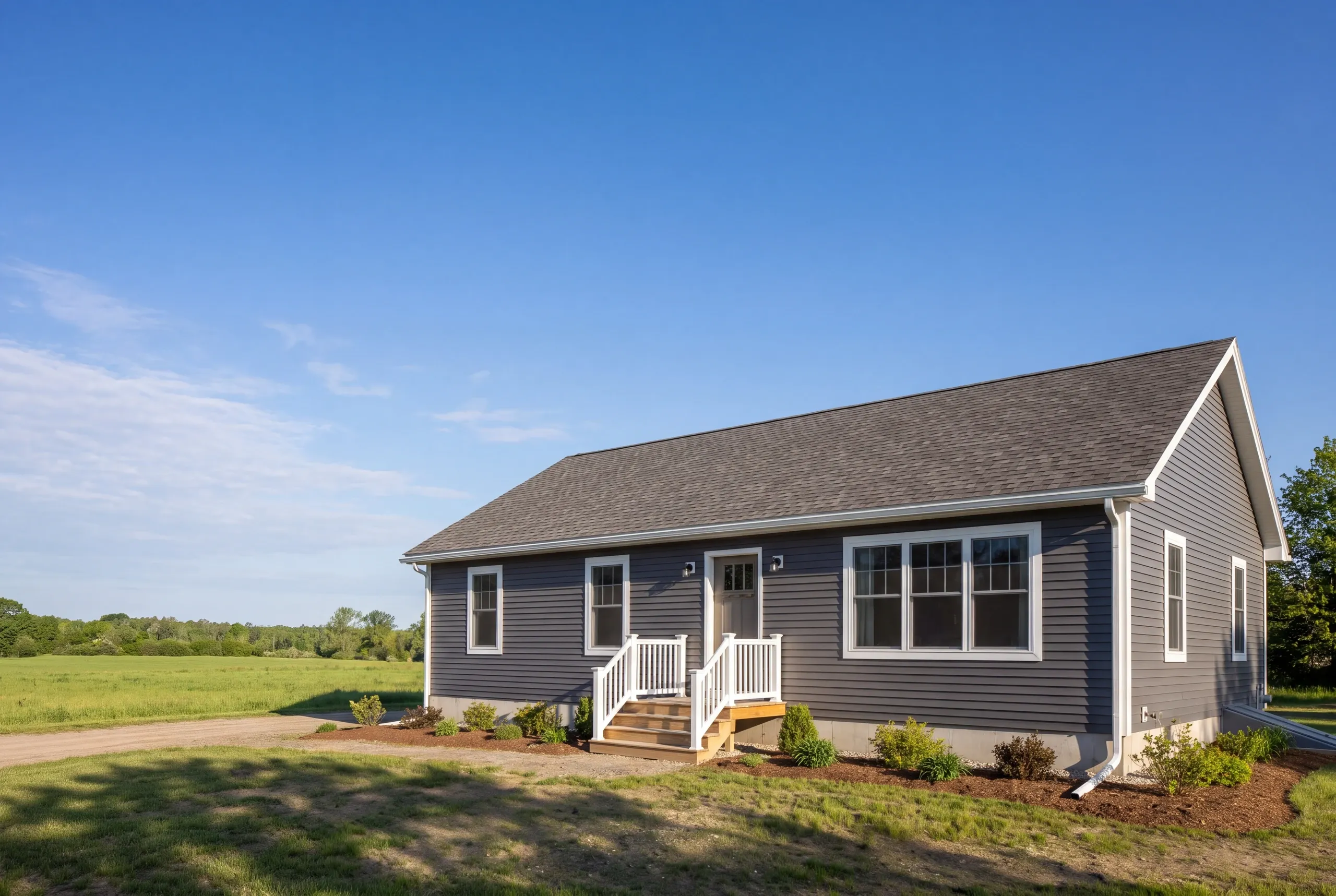 Construction company Winslow Maine: gray-sided ranch with a picture window and small entry stoop with white railings by a field
