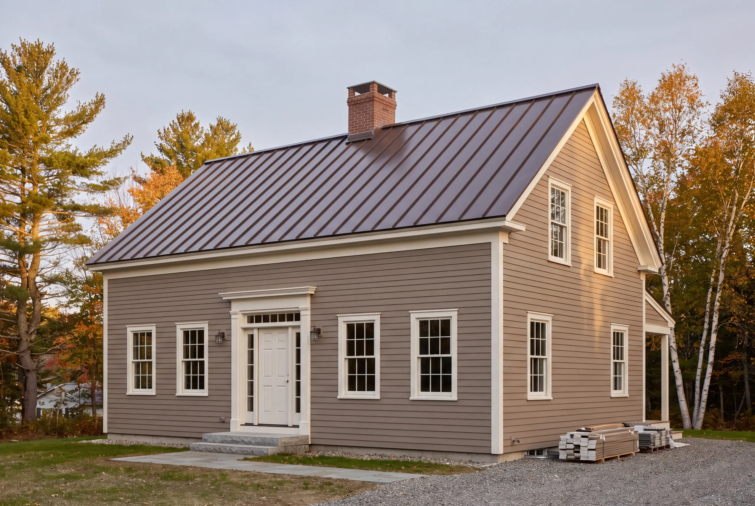 Kenneth Cox Construction: cape in taupe lap siding with a bronze standing seam roof, brick chimney and stacked trim boards